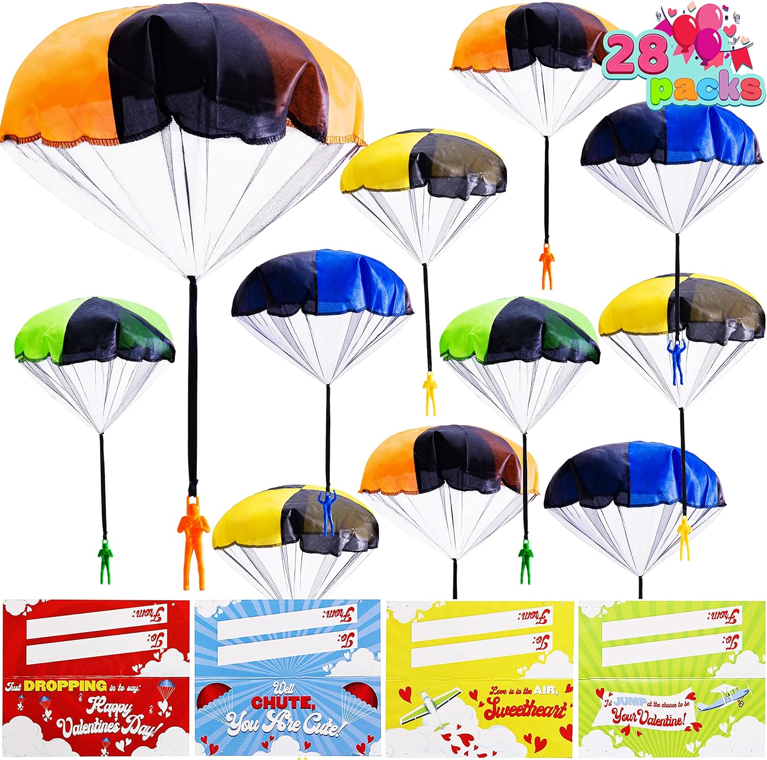 JOYIN 28 Pack Valentine' Day Parachute Toy with Cards,Army Soldiers Guys Toy, No Battery Throwing Hand Toy for Kids Party Favor, Valentines Greeting Cards