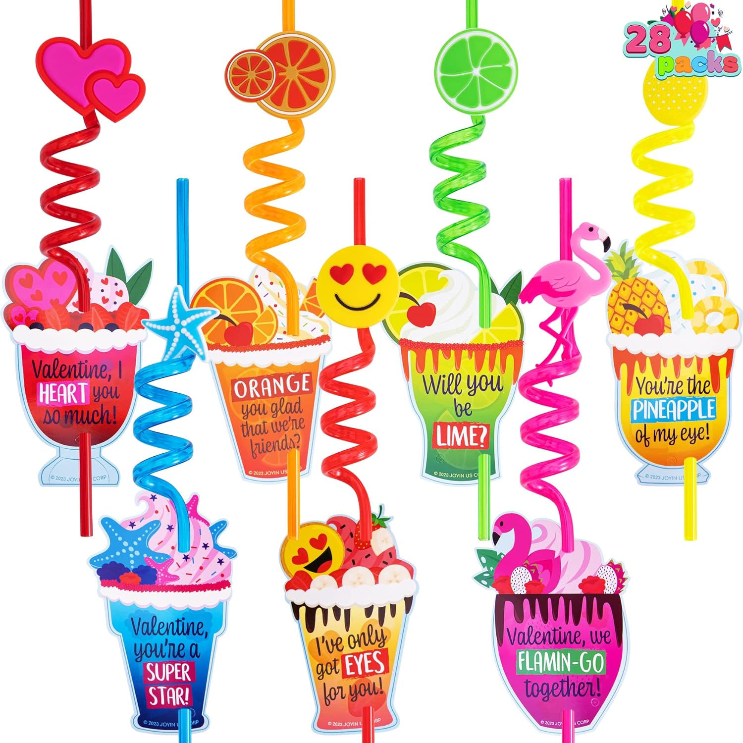 JOYIN 28 Pack Valentines Day Gift Cards with Colorful Loop Reusable Drinking Straws for Valentine Party Favors Toy, Kids Valentine Classroom Gift Exchange Prizes