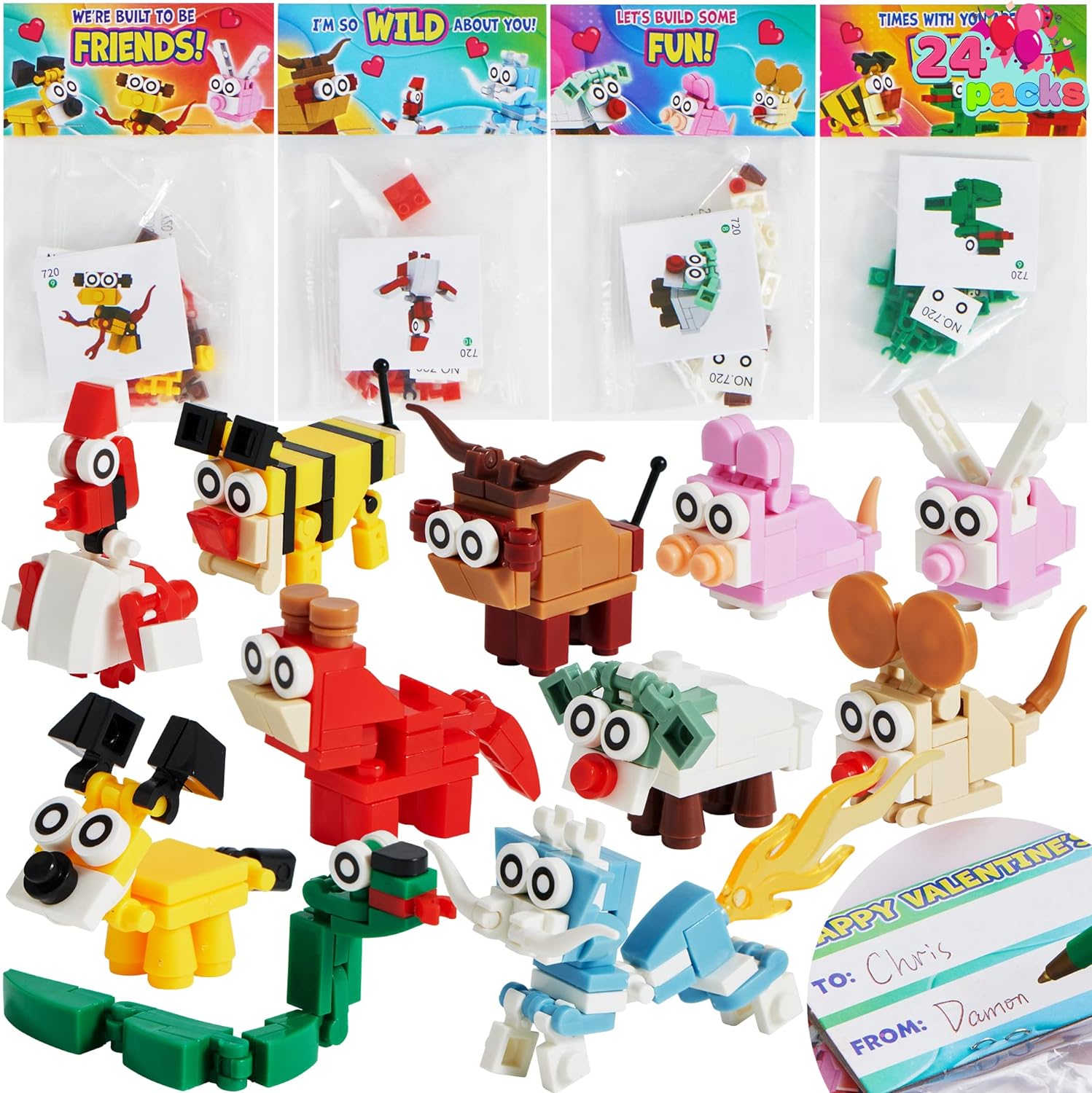 JOYIN 24 Packs Valentines Day Gift Cards with Animal Building Blocks for Valentine Party Favor Toy,Valentine' Classroom Exchange,Kids Classroom School Prize