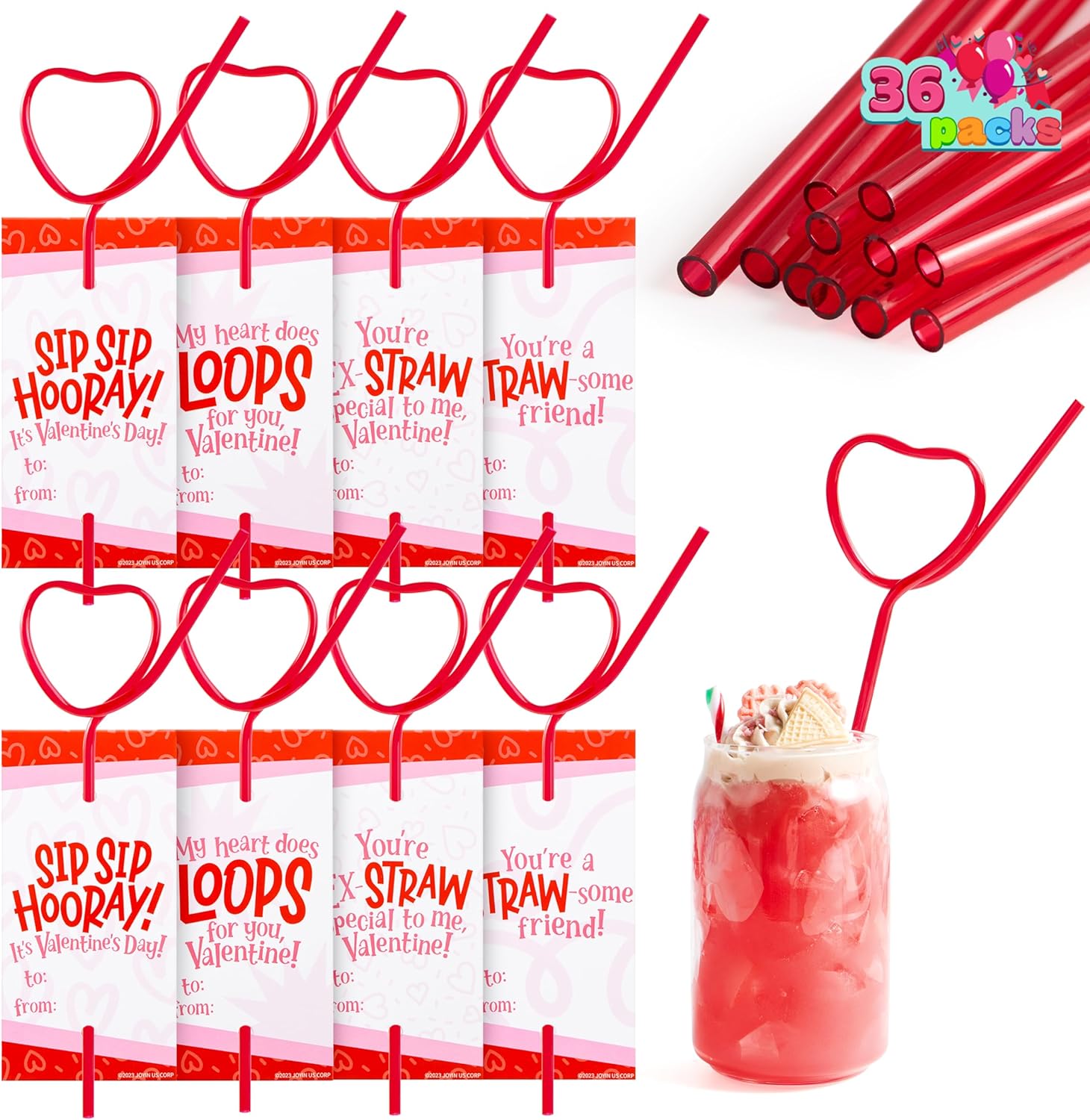 JOYIN 36 Pack Valentines Day Gift Cards with Heart Shaped Colorful Loop Reusable Drinking Straws, Valentine Crazy Straws for Girls Boys Toddlers School Class Classroom Party Gifts