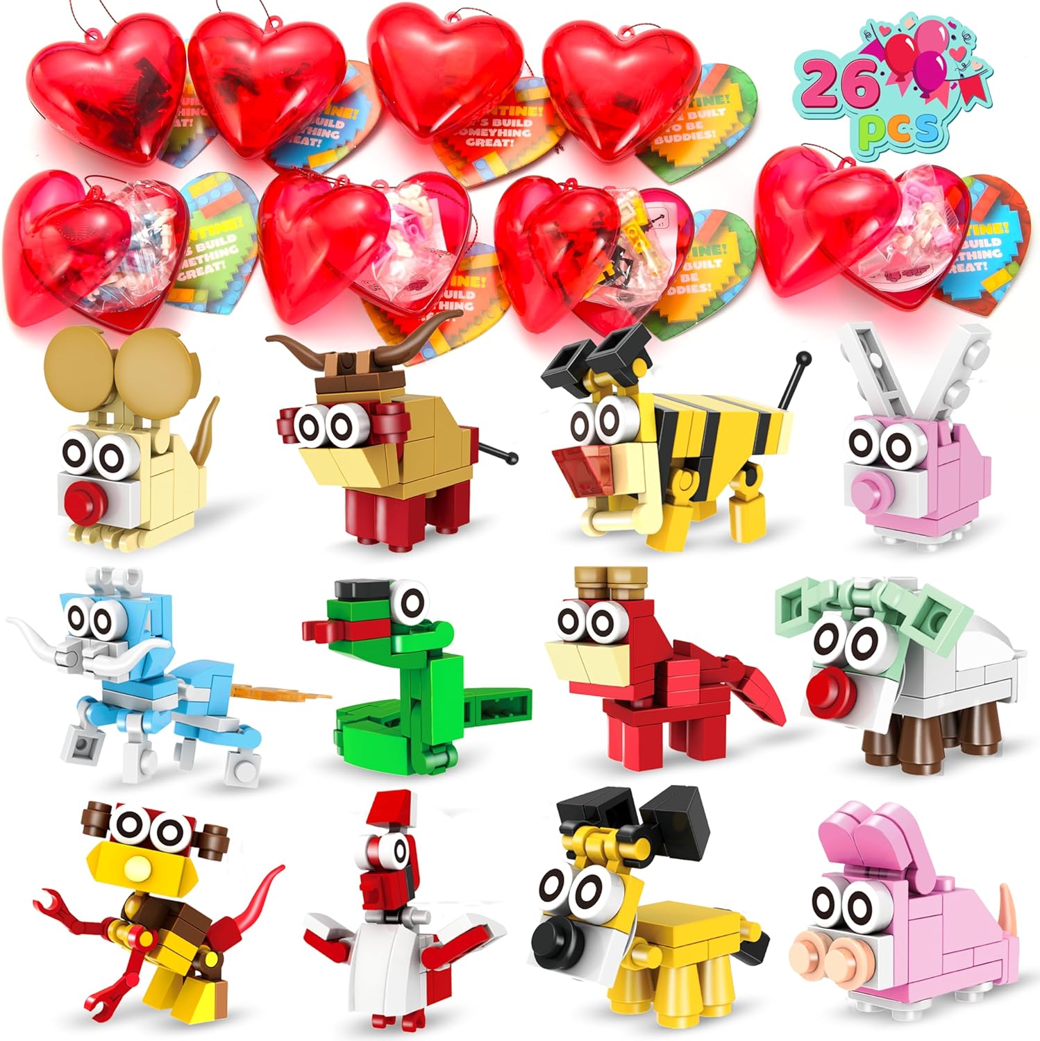 JOYIN 26 Packs Valentines Day Prefilled Hearts with Valentine Cards Filled with Animal Building Blocks for Valentine Party Favor, Classroom Prize Supplies, Valentines Greeting Gifts