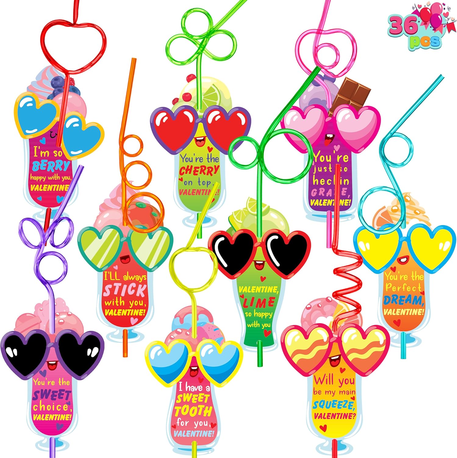 JOYIN 36 Pack Valentines Day Gift Cards with Colorful Loop Reusable Drinking Straws for Kids Valentine Party Favor, Classroom Gift Exchange, School Prizes