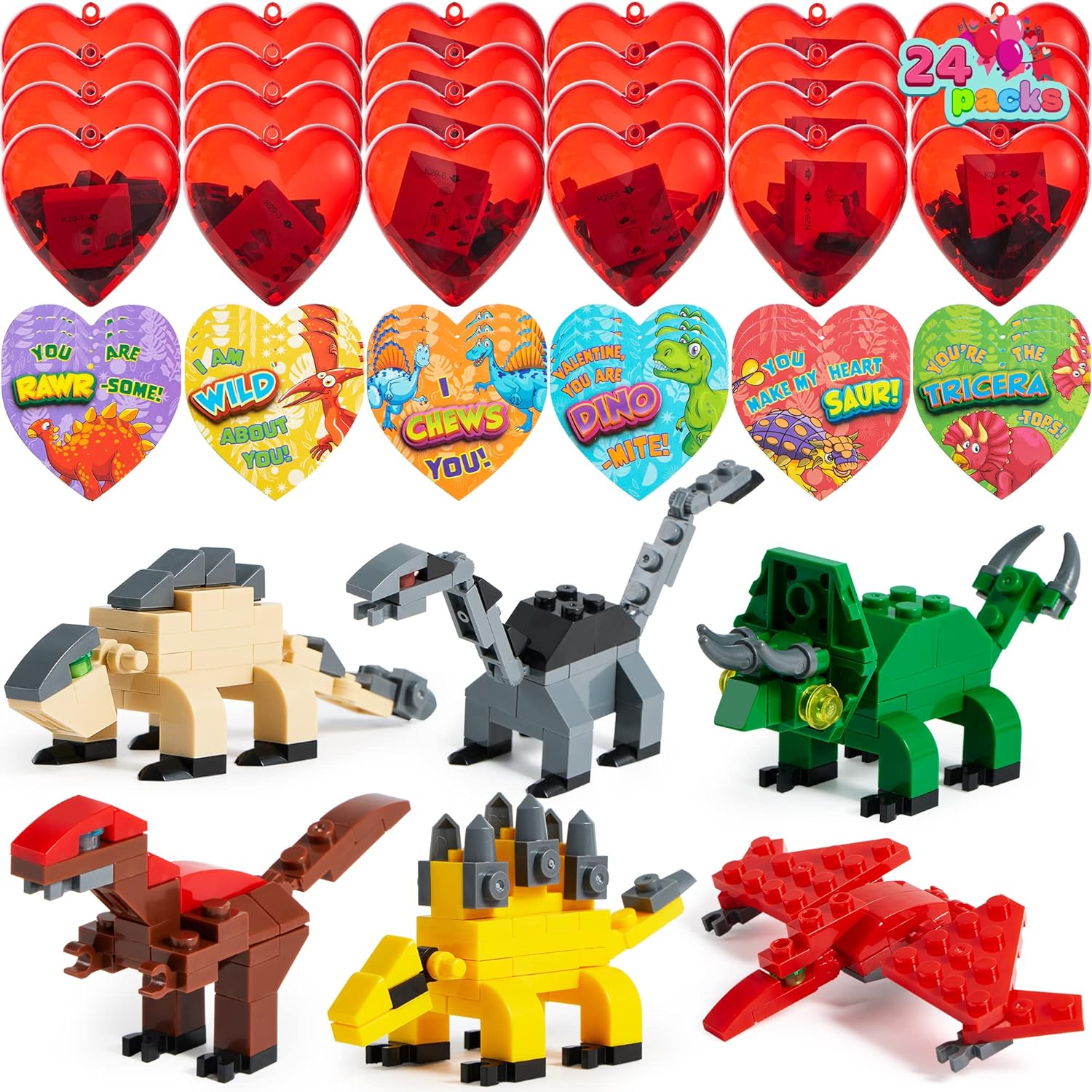 JOYIN 24 Pack Valentines Day Cards with Dinosaur Building Blocks Filled Hearts for Valentine Party Favor, Classroom Exchange Prize, Valentines Greeting Cards