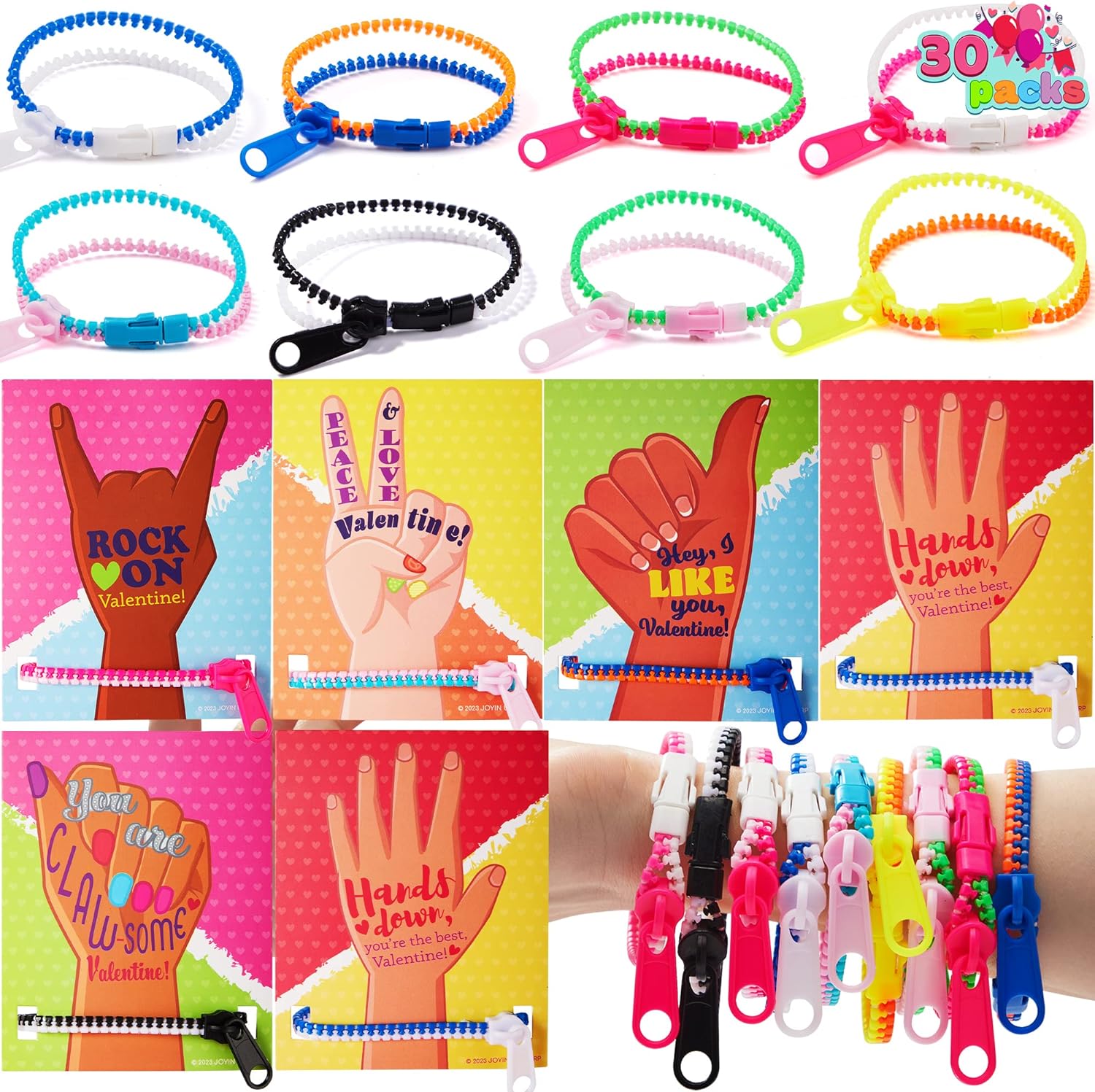 JOYIN 30 Packs Valentine' Day Cards with Zipper Bracelets, Friendship Zipper Bracelets Fidget Toys Stress Relief Toys for Kids Valentine' Classroom Gift Exchange Prizes, Valentine' Party Favors