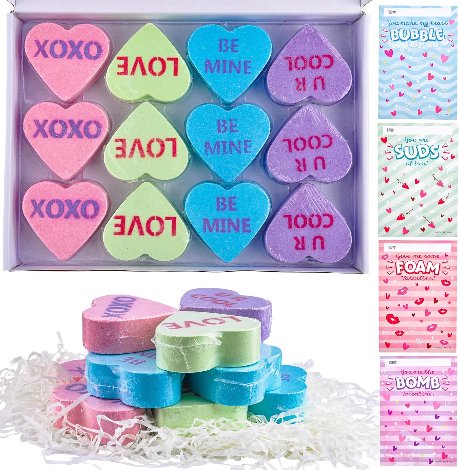 JOYIN 12 Packs Valentines Day Heart Shape Bath Bomb with Cards for Valentine Party Favors, Valentine Exchange Gifts, Valentines Greeting Cards