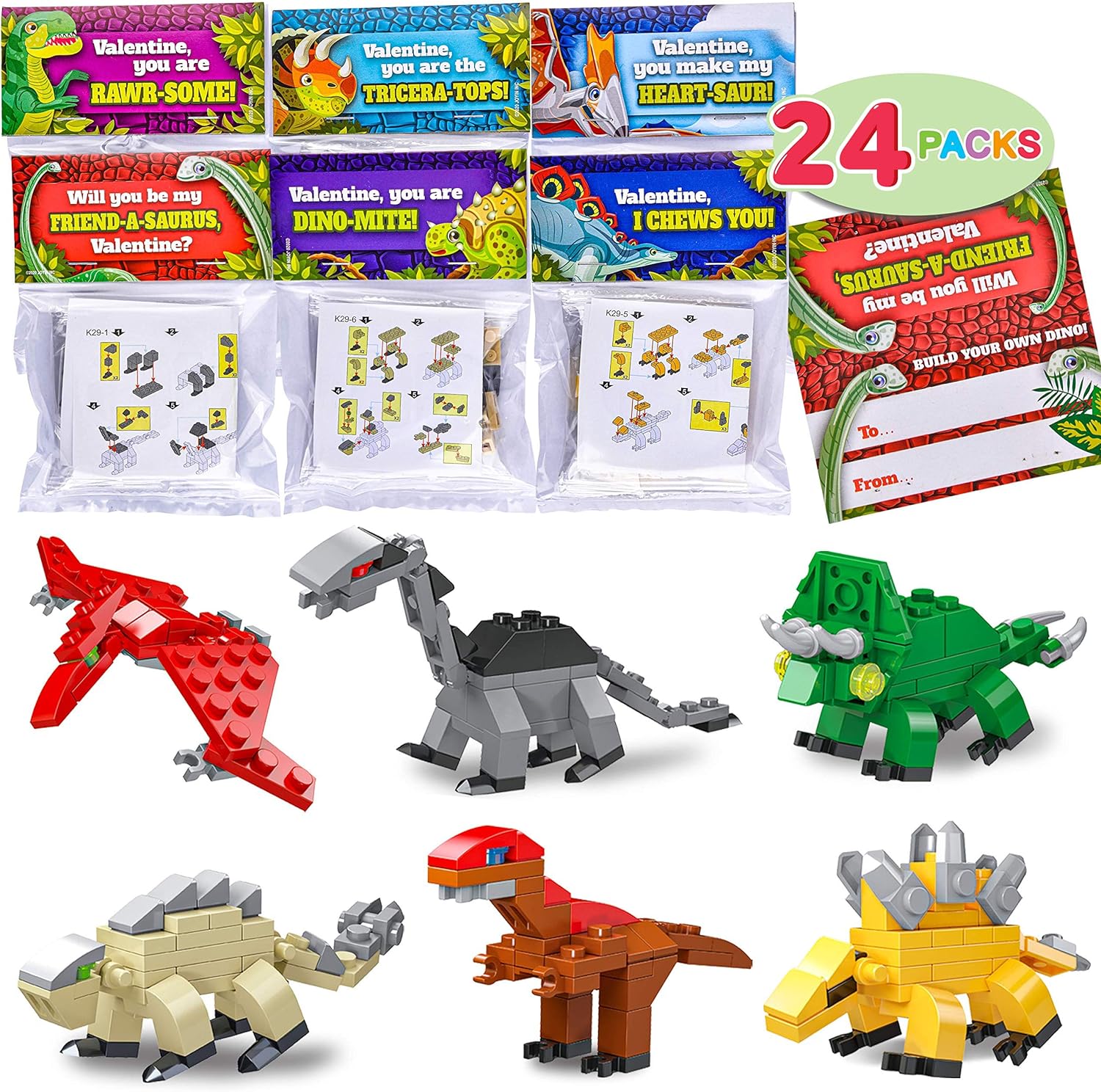 JOYIN 24 Packs Valentines Day Cards with Dinosaur Building Blocks for Valentine Party Favor, Classroom Exchange Prize, Valentines Greeting Cards