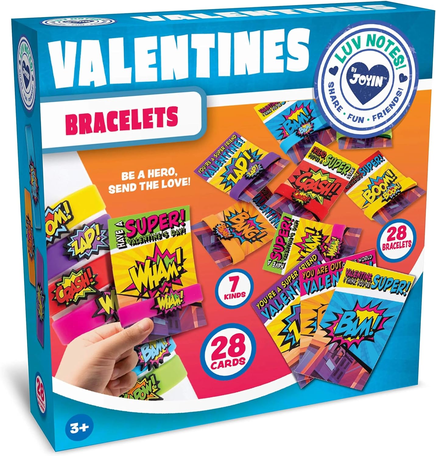 JOYIN 28 Pack Valentines Day Gift Cards With Gift Super Quote & Saying Rubber Bracelets for Kids, Valentine' Classroom Exchange Prizes Valentine Party Favor Toys