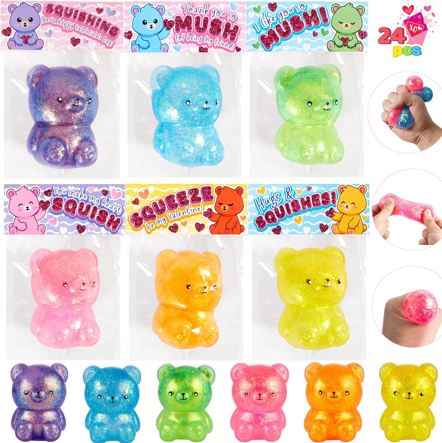 JOYIN 24 PCS Valentine' Day Squishy Toy Bear Toys with Card, Squeeze Stretchy Stress Relief & for Valentine' Classroom Exchange, Valentine' Party Favors, Fidget Toys for Boys and Girls