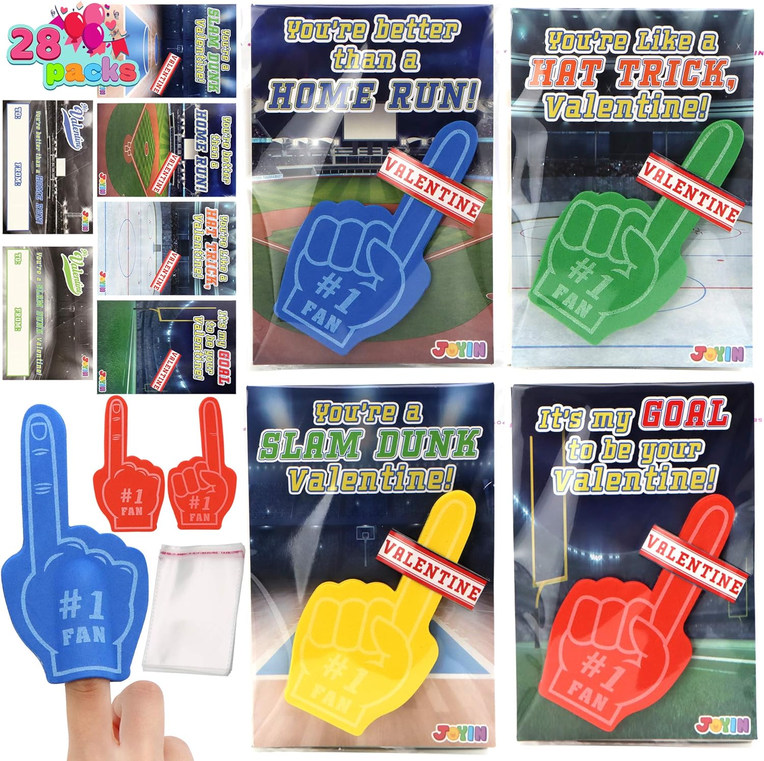 JOYIN 28 Pcs Valentines Day Cards with Foam Fingers for Kids Valentine Party Favor, Valentines Greeting Cards, Valentine' Classroom Exchange Gift for Kids, Holiday Reward Prizes