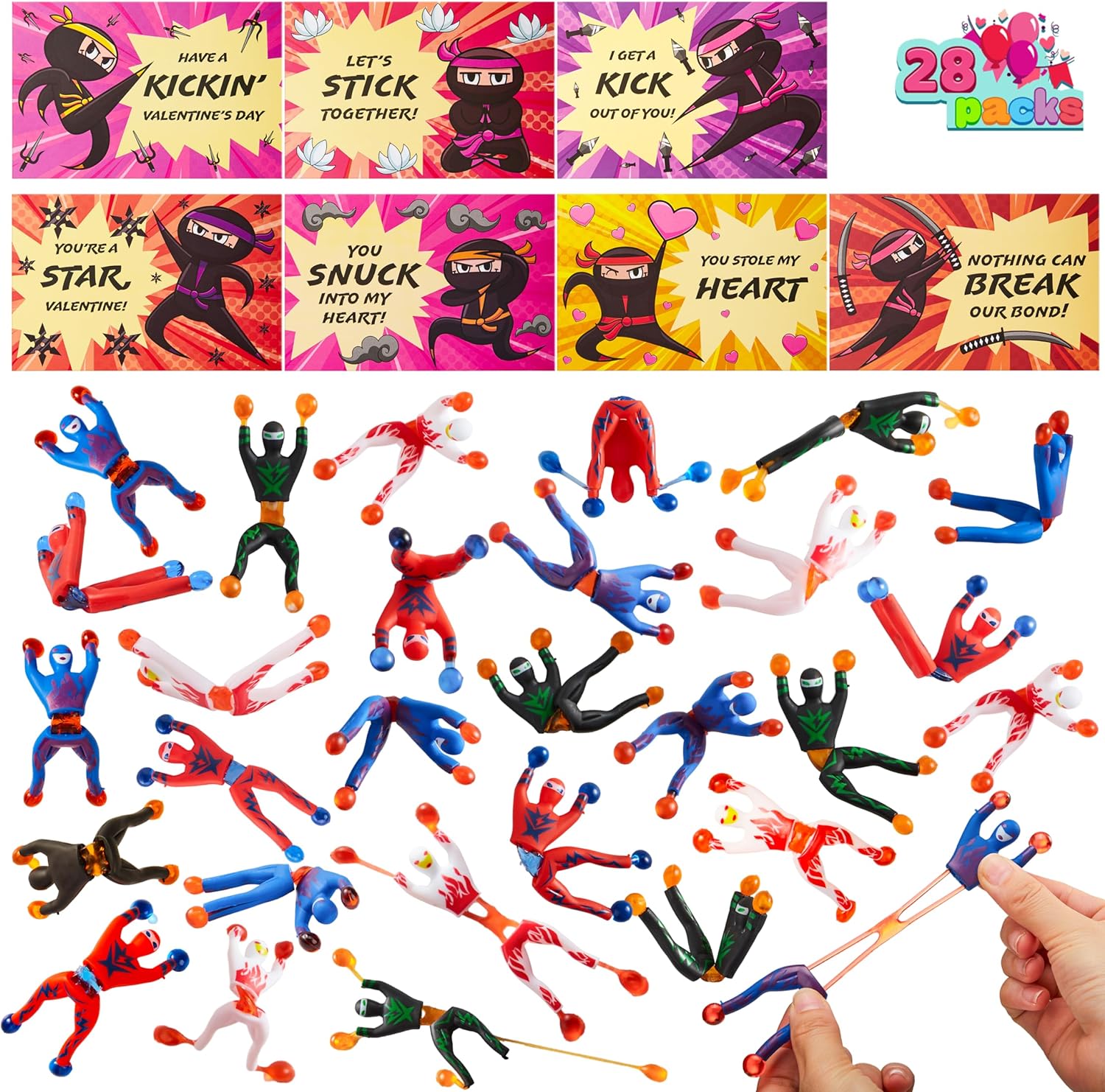 JOYIN 28 Packs Valentines Day Gifts Cards with Sticky Wall Climbing Men Ninja Set, Wall Climbers Stress Relief Tricky Toys for Kids Party Favor, Classroom Exchange Prizes, Valentine Greeting Cards