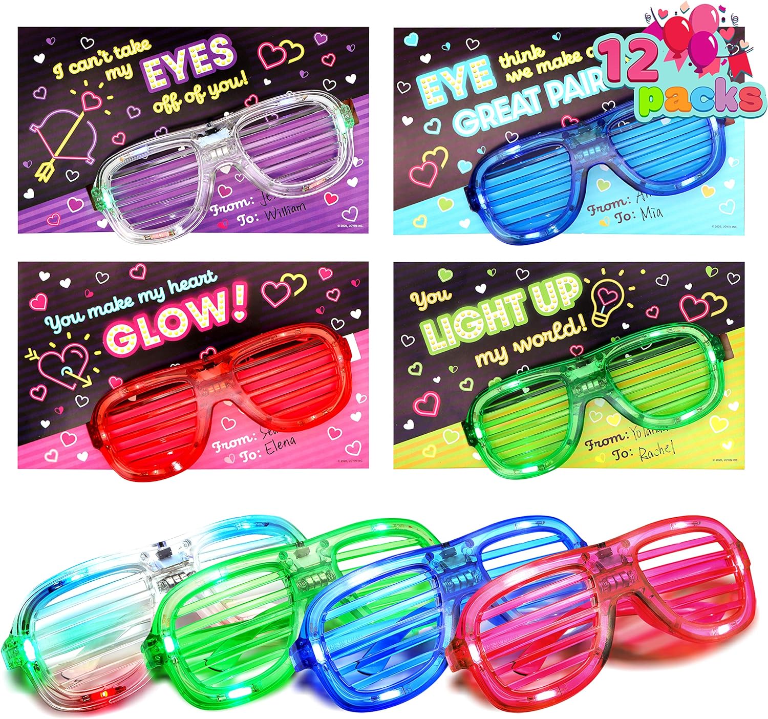 JOYIN 12 Packs Valentines Day Gift Cards with LED Glasses Light Up Shutter Shade Glasses with Gift Cards for Kids Party Favor, Classroom Exchange Prizes Supplies, Valentines Greeting Cards