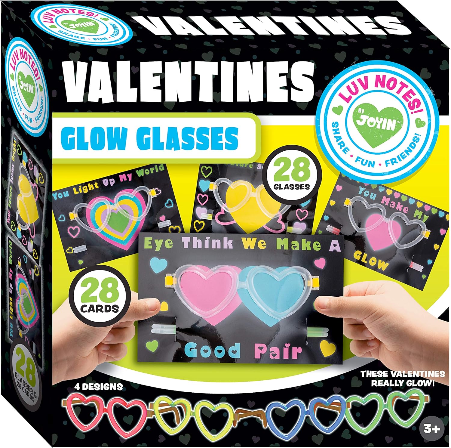 JOYIN 28 Packs Valentines Day Gifts Cards, Valentine' Greeting Cards with Heart Shaped Glasses and Light-up Glow Sticks for Kids Valentine' Day Party Favor Classroom Exchange Prize Supplies