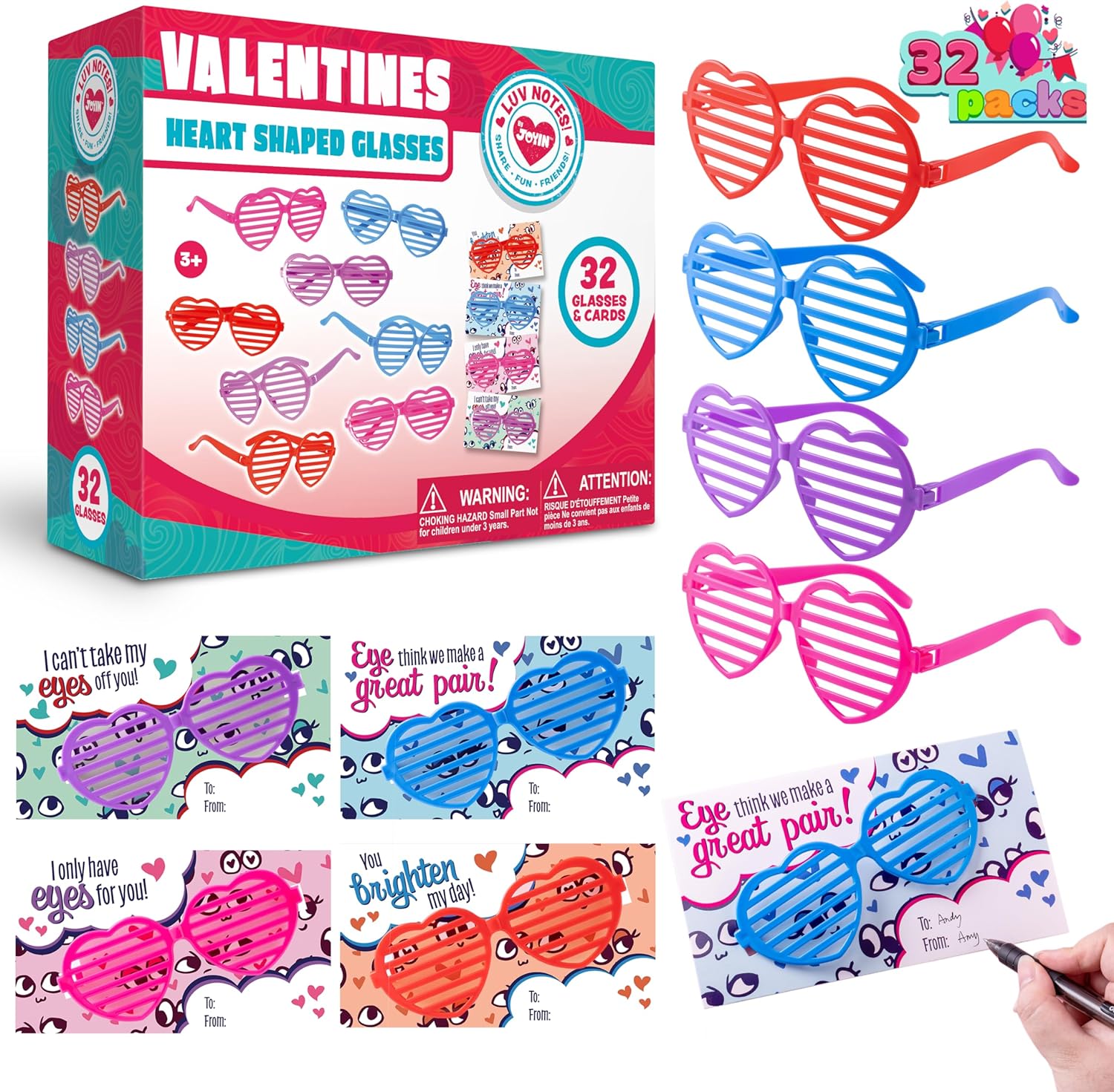 JOYIN 32 Packs Valentines Day Shade Glasses with Gift Cards Heart Shaped Shutter Glasses Heart Glasses Valentines Day Accessories for Kids Valentine' Party Favor Classroom Exchange Prize Supplies