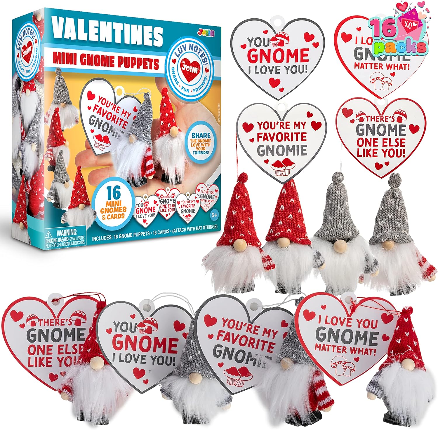 JOYIN 16 Pcs Valentines Day Cards with Gnomes Plush Gnomes for Kids Valentine Party Favor, Mini Plush Toys Gnome Ornaments for Kids Valentines Greeting Cards, Valentine' Classroom Exchange Prizes