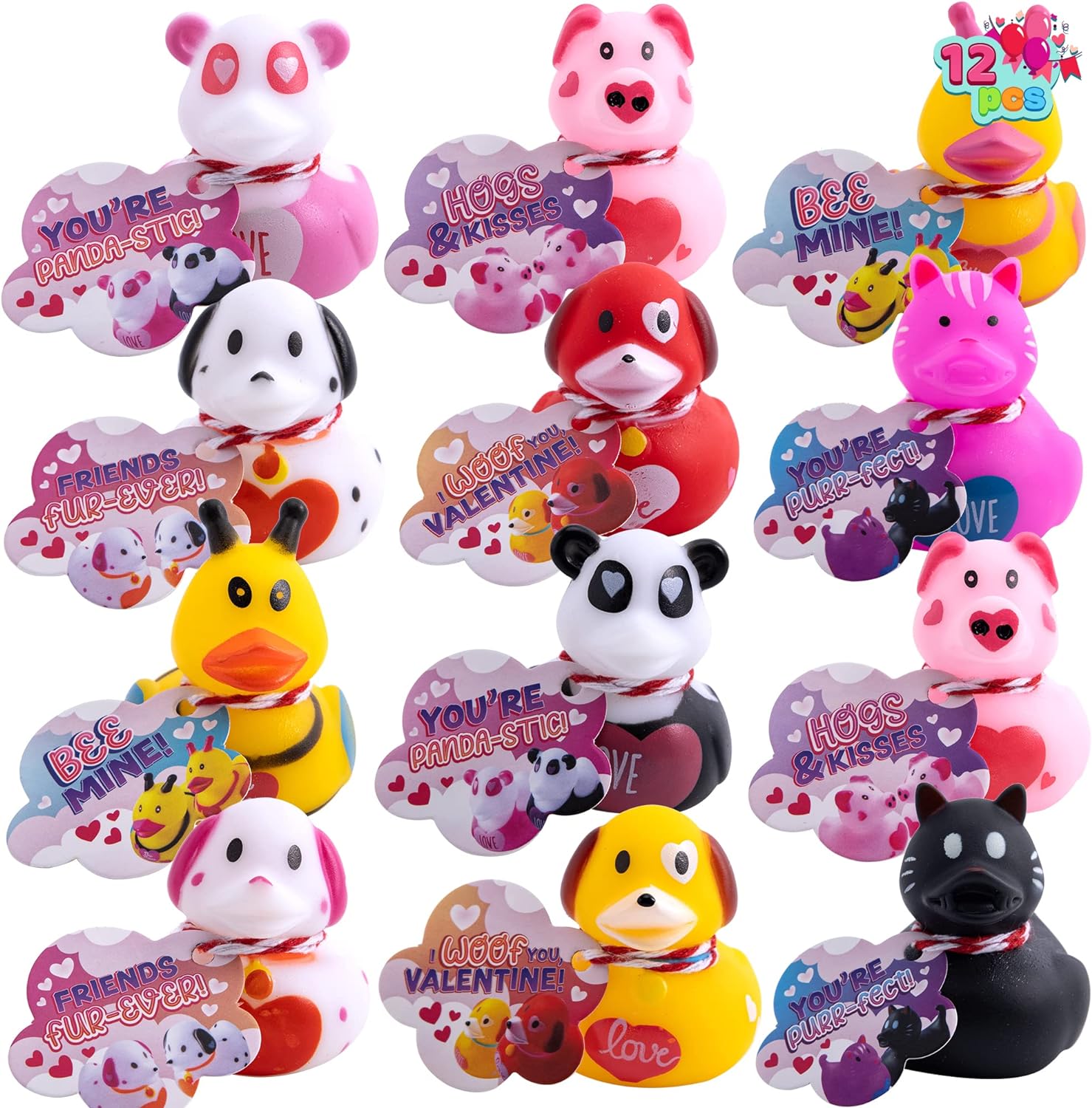 JOYIN Valentines Day 12 Pcs Assorted Rubber Ducks in Different Animal Shapes for Fun Bath Squirt Squeaker Duckies, School Classroom Prizes Ducky, Kids Party Favor Toys