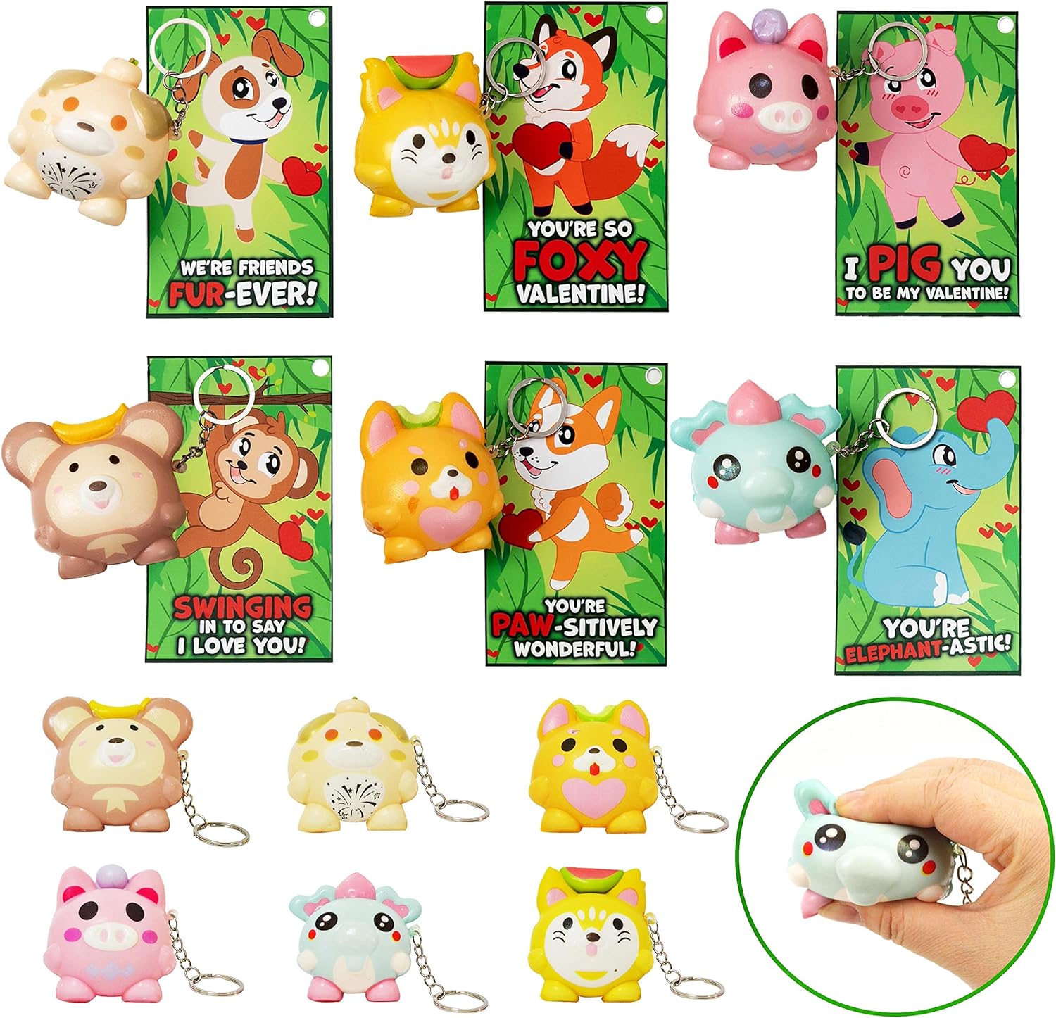 JOYIN 18 Packs Valentines Cards with Animal Slow-rising Squishies Keychain Kids Valentine Party Favor, Classroom Exchange Prizes, Valentines Greeting Cards and Valentine Exchange Gifts