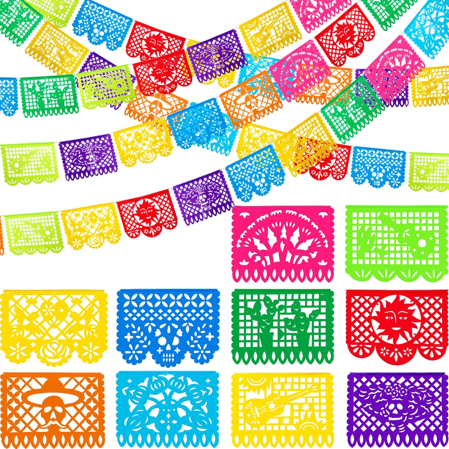 5 Packs Mexican Party Banners Papel Picado Banner Cino De Mayo Fiesta Party Decorations Hanging Banner Flags for Party Supplies, Dia De Los Muertos Day of The Dead Decor,10 Patterns 80 ft