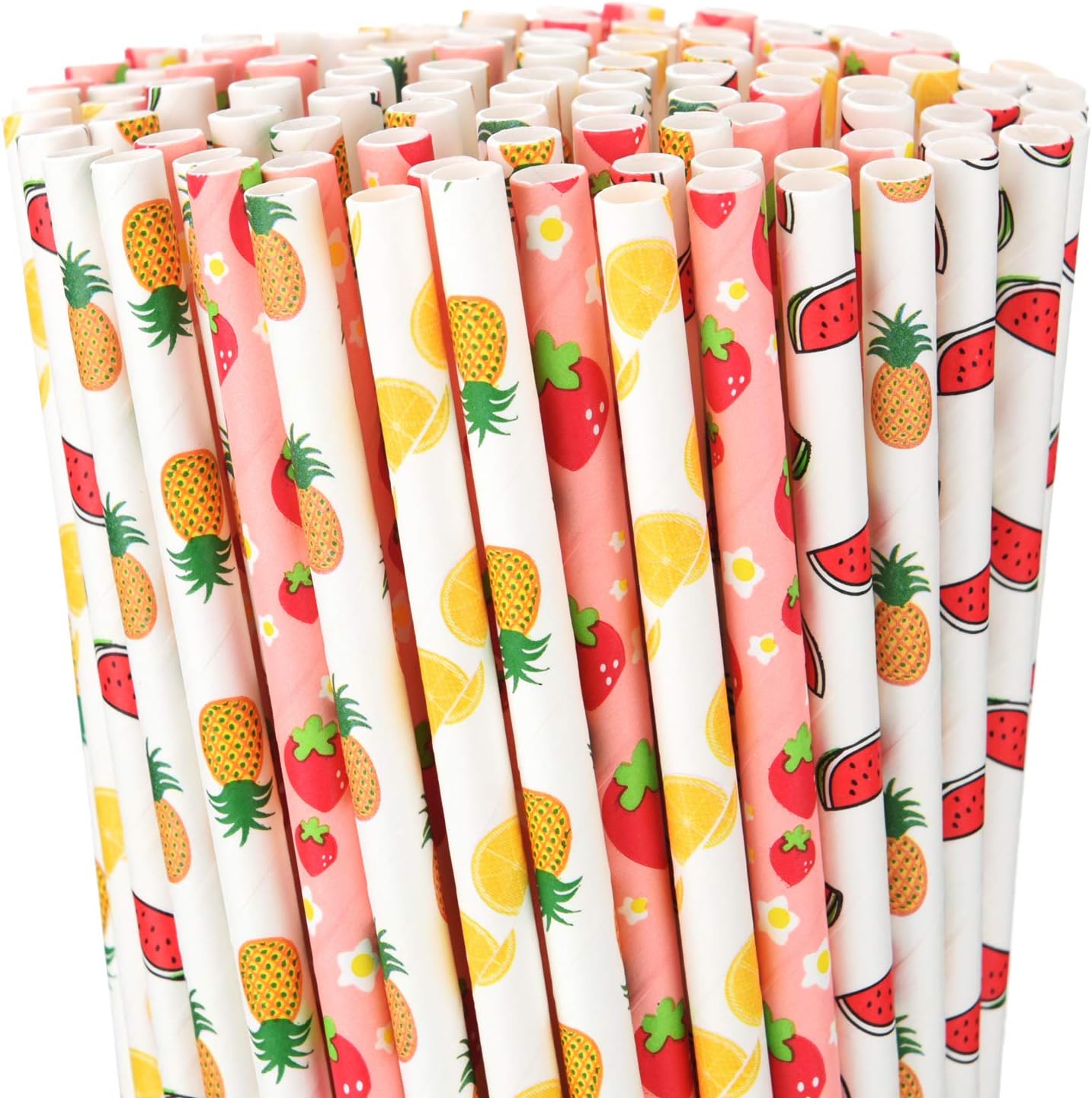 200 Pieces Paper Straws Fruit Pattern Drinking Straws Strawberry Pineapple Orange Paper Straws 7.75 Inches Hawaiian Party Drinking Straws for Cocktail Summer Birthday Luau Party Supplies