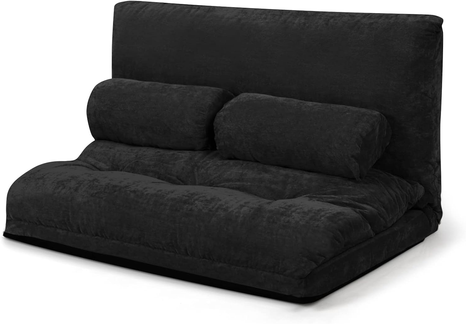 COSTWAY Convertible Floor Sofa Couch with 2 Waist Pillows, Folding 6-Position Adjustable Loveseat with Corduroy Fabric, Metal Frame, Upholstered Floor Couch Lounge for Reading Playing Gaming (Black)