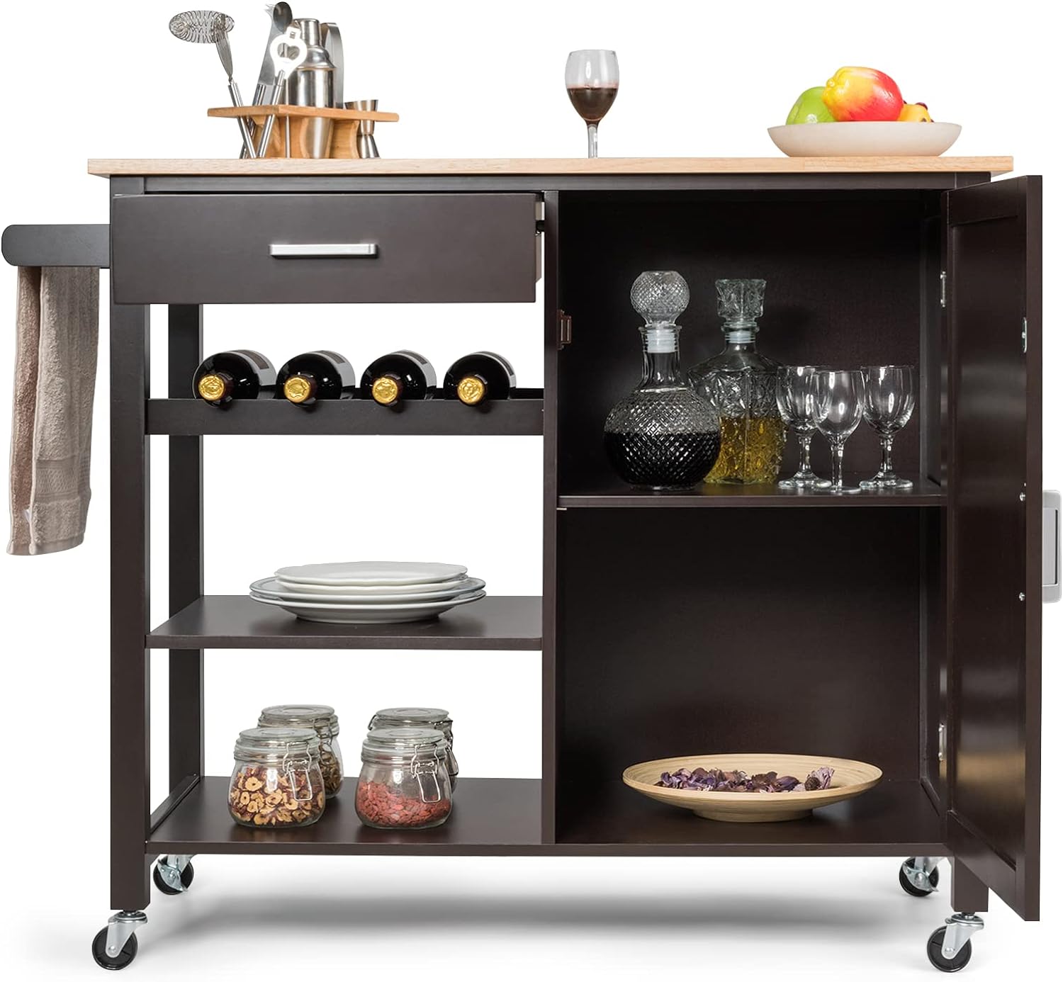 COSTWAY Kitchen Storage Island Cart on Wheels, Kitchen Trolley Cart with Wine Rack, Shelves and Towel Rack, 360Wheels & Detachable Tray, Kitchen Island for Dining Room, Living Room & Bedroom (Brown)