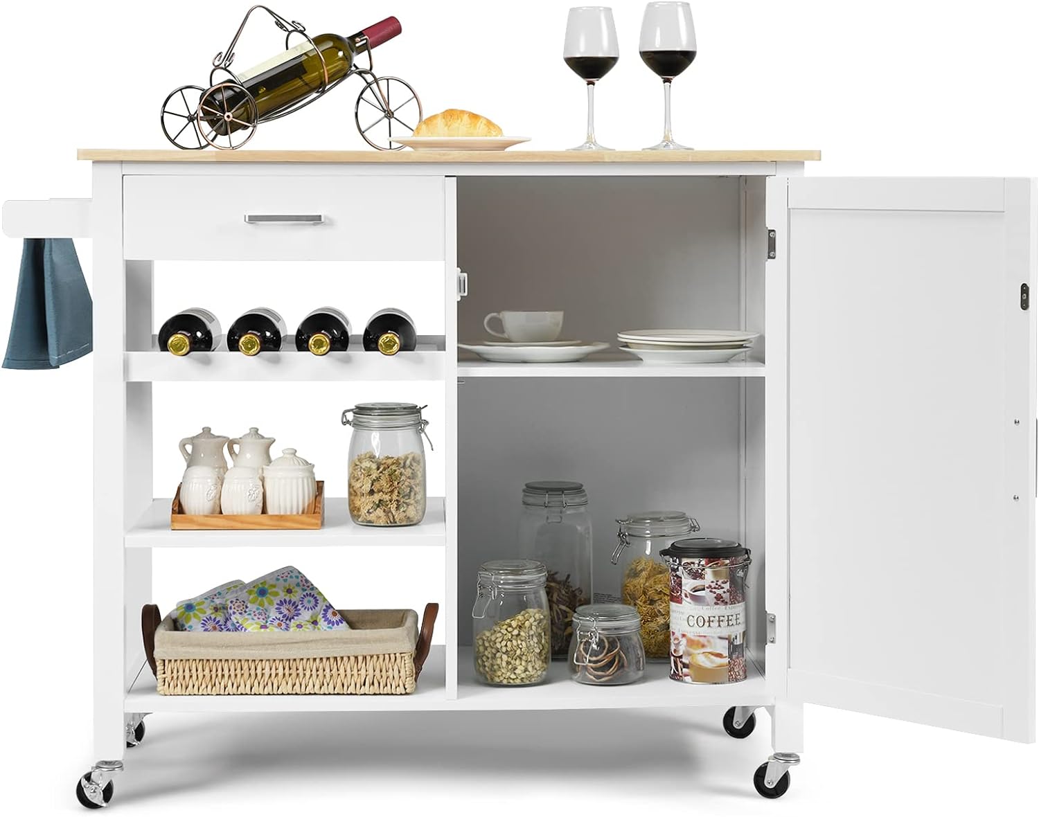 COSTWAY Kitchen Storage Island Cart on Wheels, Kitchen Trolley Cart with Wine Rack, Shelves and Towel Rack, 360Wheels & Detachable Tray, Kitchen Island for Dining Room, Living Room & Bedroom (White)