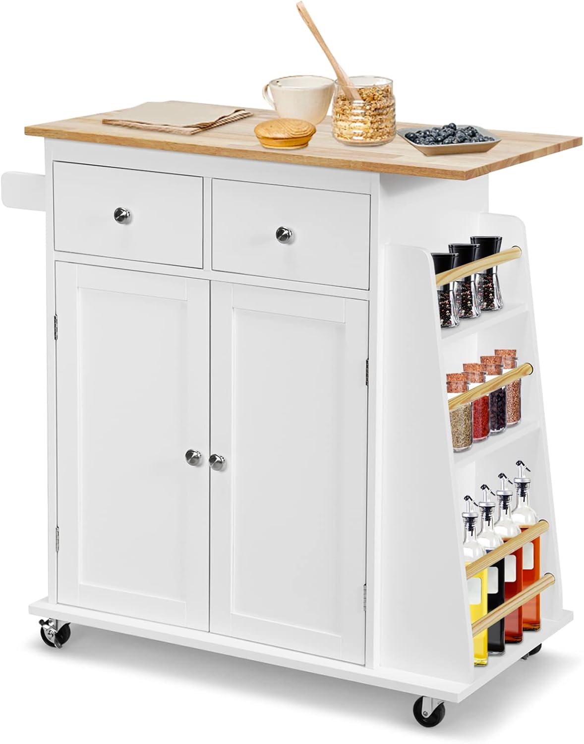 COSTWAY Kitchen Island on Wheels, Utility Trolley Cart with Adjustable Shelf, 2 Drawers, 3-Tier Spice Rack, Towel Rack, 2-Door Cabinet, Rubber Wood Countertop, Lockable Casters for Dining Room (White)