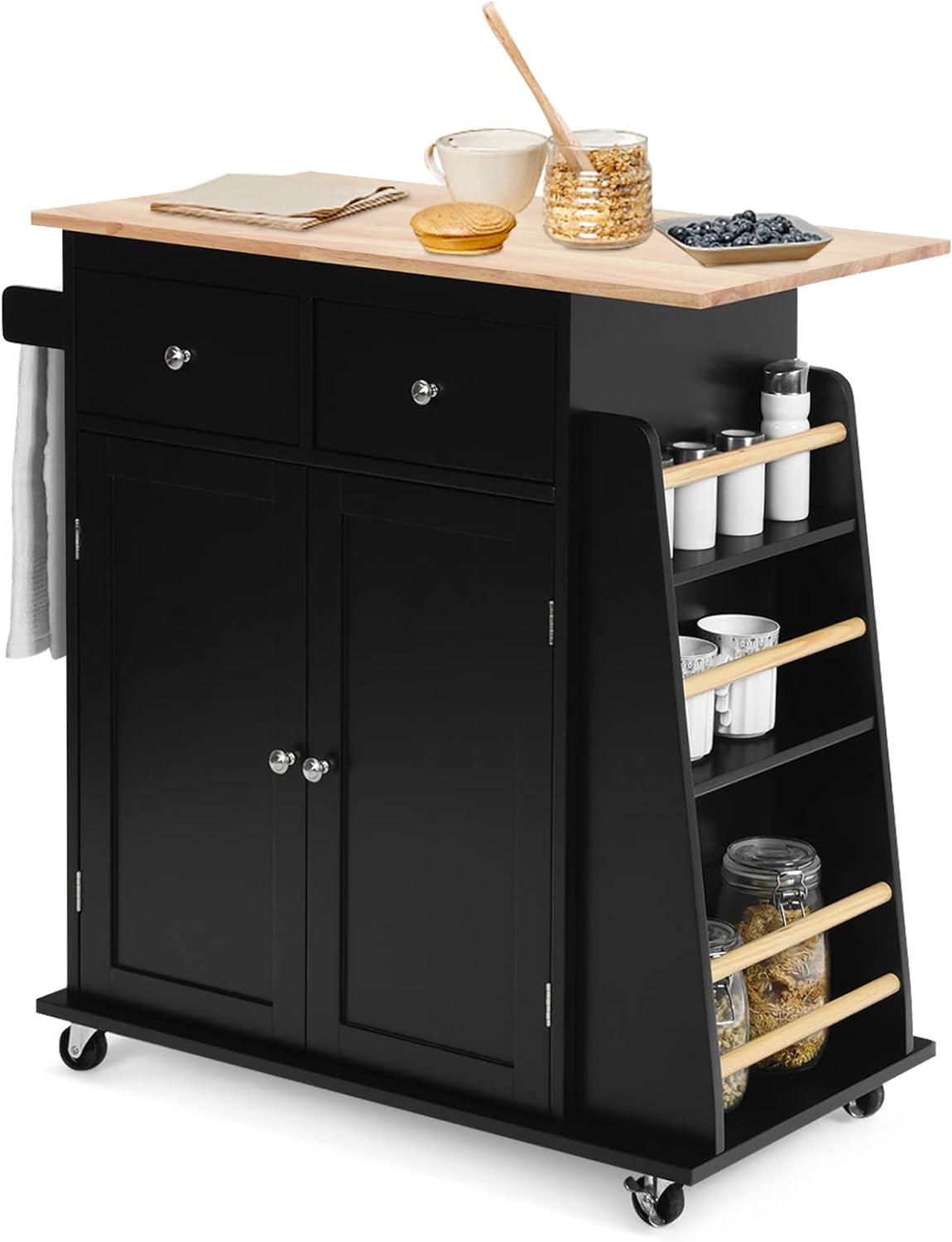 COSTWAY Kitchen Island on Wheels, Utility Trolley Cart with Adjustable Shelf, 2 Drawers, 3-Tier Spice Rack, Towel Rack, 2-Door Cabinet, Rubber Wood Countertop, Lockable Casters for Dining Room (Black)
