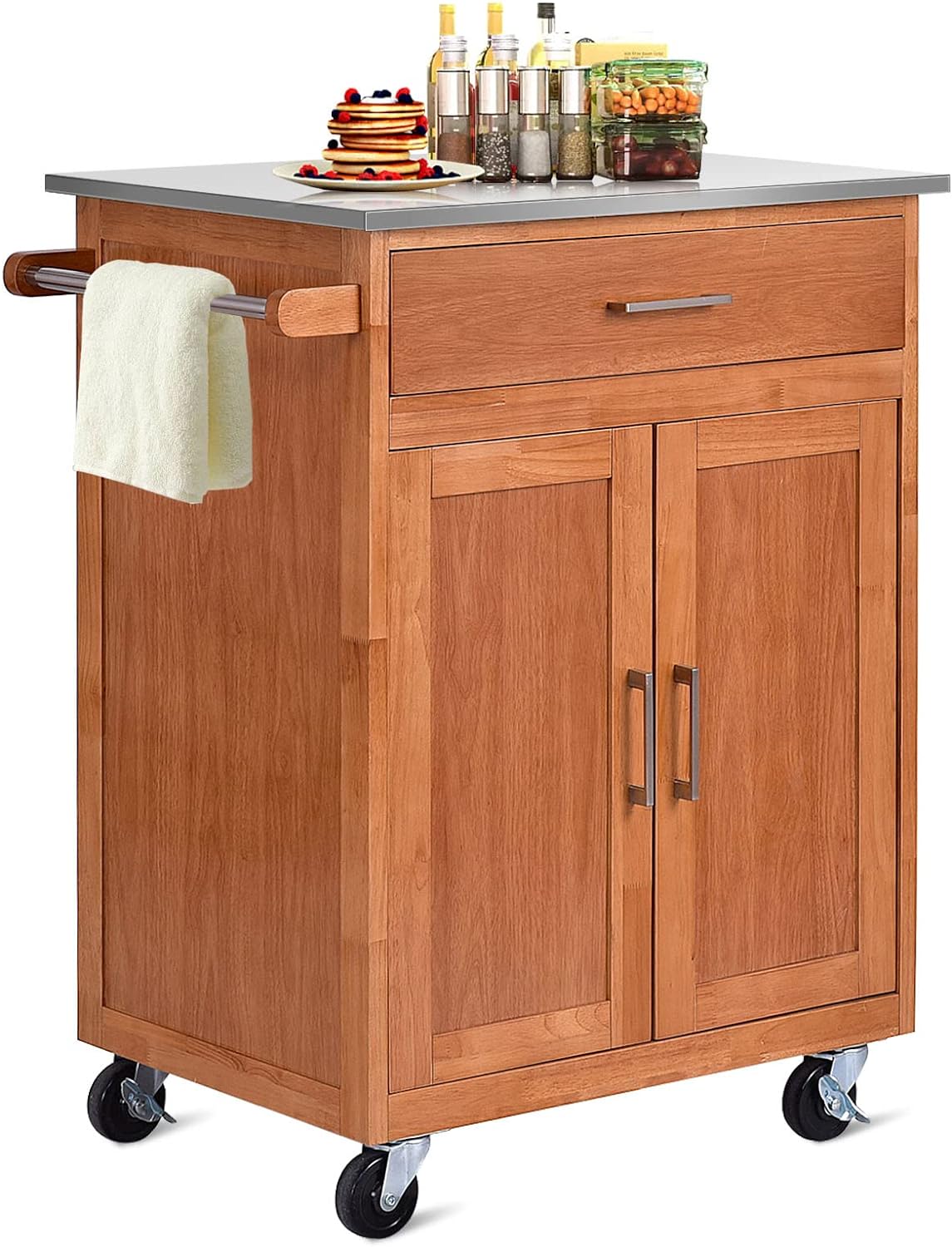 COSTWAY Kitchen Storage Island Cart on Wheels, Kitchen Rolling Trolley Cart with a Large Drawer, Stainless Steel Tabletop, Storage Cabinet and Towel Rack, 360 Wheel, for Dining Room, Living Room