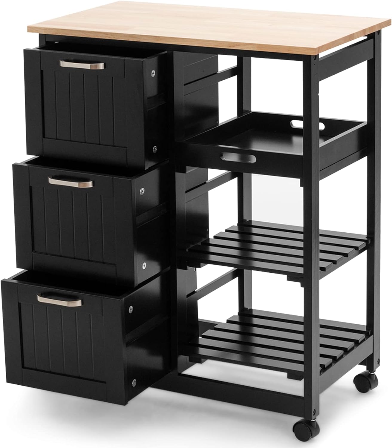 COSTWAY Kitchen Storage Island Cart on Wheels, Kitchen Rolling Trolley Cart with 3 Drawers and Shelves, 360 Wheels & Detachable Tray, Utility Cart for Dining Room, Living Room & Bedroom (Black)