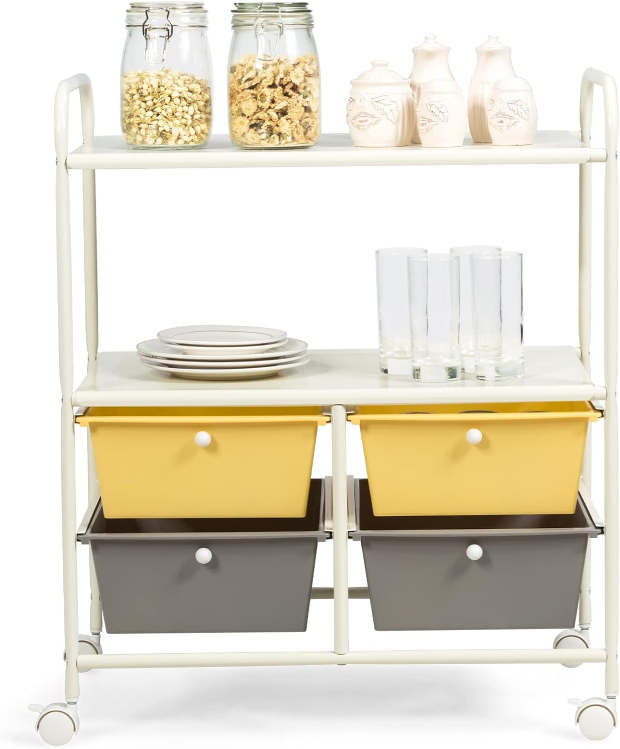 COSTWAY 4-Drawer Storage Cart, Mobile Storage Organizer w/Steel Frame & 360 Wheels, 4-Drawer Utility Cart for Living Room, Kitchen, Bathroom & Office, Six Colors Available (Yellow &Gray)