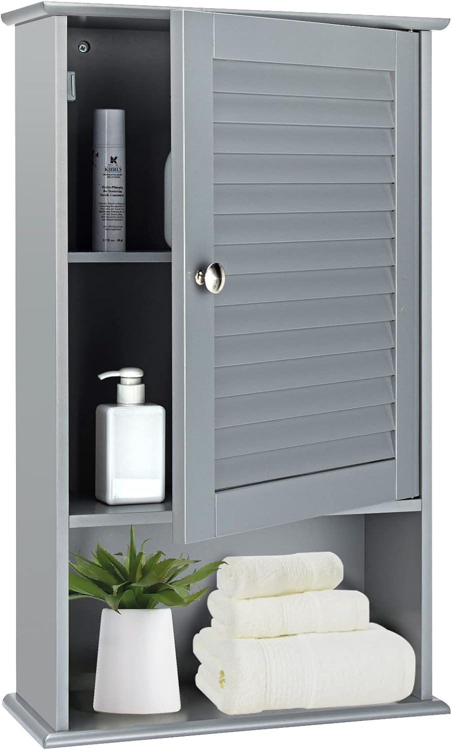 COSTWAY Bathroom Wall Cabinet, Large Capacity Storage Cabinet w/Single Louver Door & Height Adjustable Shelf, Wood Wall Mounted Medicine Cabinet for Bathroom, Living Room, Kitchen (Grey)