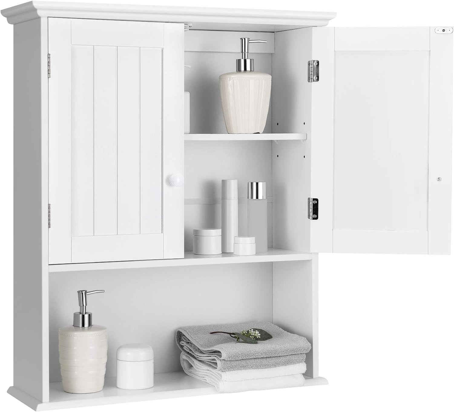 COSTWAY Wall Mounted Bathroom Cabinet, Over The Toilet Storage Cabinet w/Double Doors & Adjustable Shelf, Wood Hanging Medicine Cabinet for Living Room, Entryway, Kitchen (White)