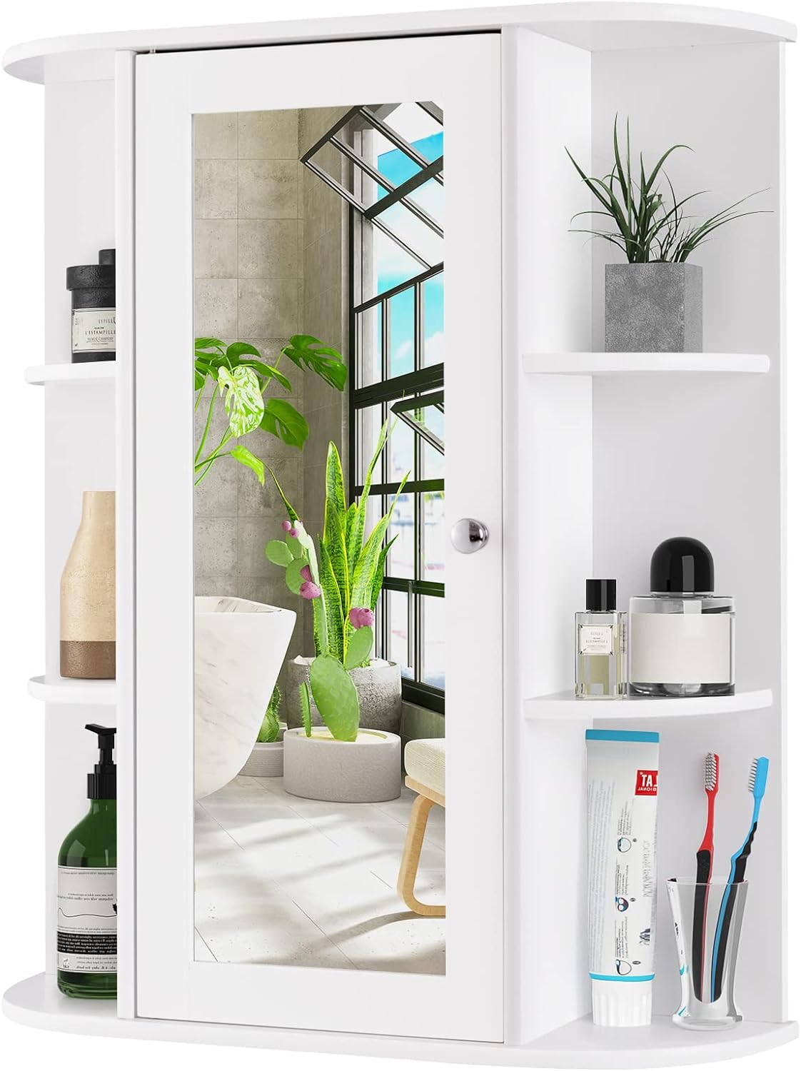 COSTWAY Wall Mounted Bathroom Cabinet - Storage Organizer with Mirror Door, Adjustable Shelves & 6 Open Racks, Space-Saving Hanging Medicine Cabinet for Living Room Kitchen Entryway (White)