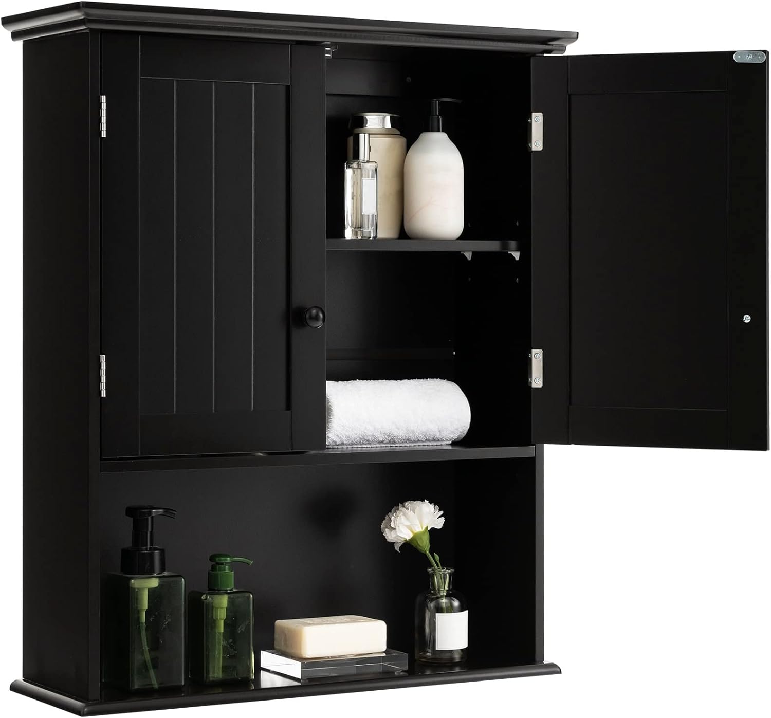 COSTWAY Wall Mounted Bathroom Cabinet, Over The Toilet Storage Cabinet w/Double Doors & Adjustable Shelf, Wood Hanging Medicine Cabinet for Living Room, Entryway, Kitchen (Black)