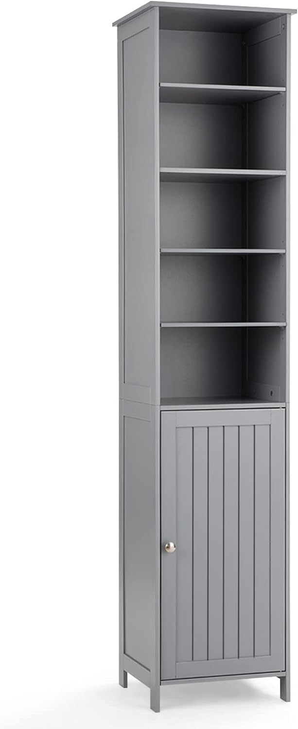 COSTWAY Tall Storage Cabinet, Wooden Floor Cabinet with 3-Level Adjustable Shelves, Convenient Door & Knob, Narrow Storage Cabinet Organizer for Bathroom, Living Room, Kitchen (Grey)