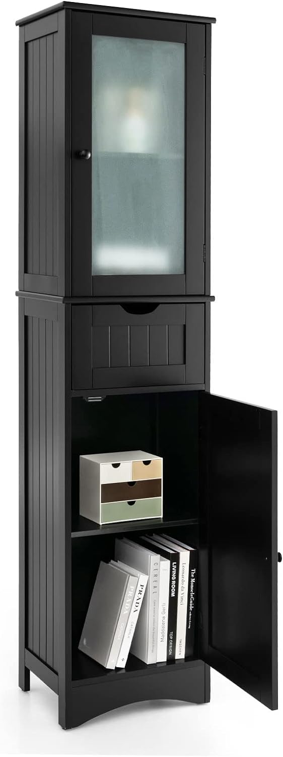 COSTWAY 67 Tall Bathroom Storage Cabinet, Freestanding Tall Floor Cabinet with 2 Doors & 1 Drawer, 3-Level Adjustable Shelves, Narrow Slim Linen Tower for Bathroom, Living Room, Kitchen (Black)