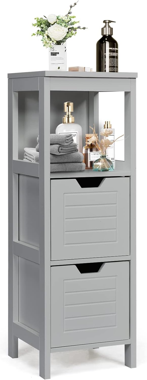 COSTWAY Bathroom Storage Cabinet, Freestanding Wooden Side Storage Cabinet with 2 Adjustable Drawers, Space-Saving Floor Cabinet for Living Room Bathroom Bedroom Entryway (Grey)