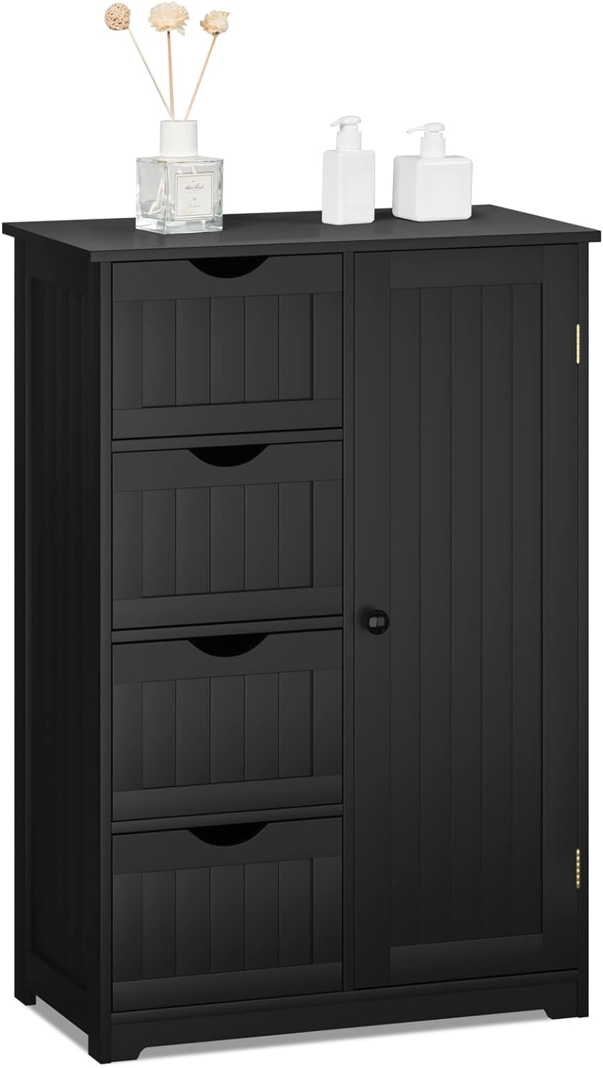 COSTWAY Bathroom Storage Cabinet, Wooden Freestanding Storage Cupboard Organizer with 4 Deep Drawers & Adjustable Shelf, Modern Floor Cabinet for Living Room, Bathroom, Kitchen, Entryway (Black)