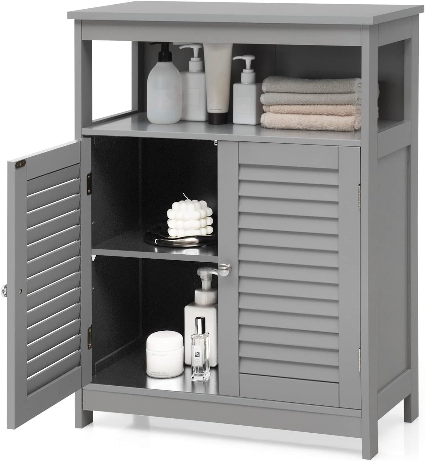 COSTWAY Bathroom Storage Cabinet, Wooden Side Storage Organizer with Louver Doors & Removable Shelf, Freestanding Floor Cabinet for Living Room, Kitchen, Entryway (Grey)