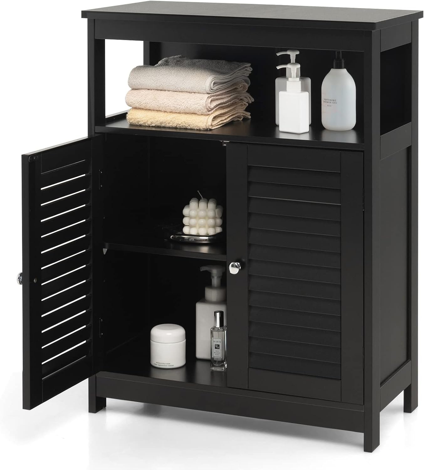 COSTWAY Bathroom Storage Cabinet, Wooden Side Storage Organizer with Louver Doors & Removable Shelf, Freestanding Floor Cabinet for Living Room, Kitchen, Entryway (Black)