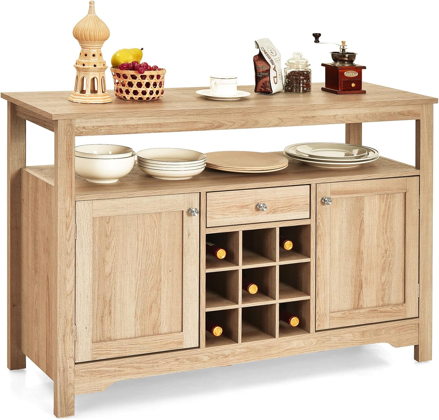 COSTWAY Buffet Cabinet Storage Sideboard, Server Console Table, Kitchen Cupboard Table with 2 Cabinets, Wine Rack & Open Shelf, 46 x 16 x 31.5 inches, Coffee Bar Cabinet for Entryway, Living Room