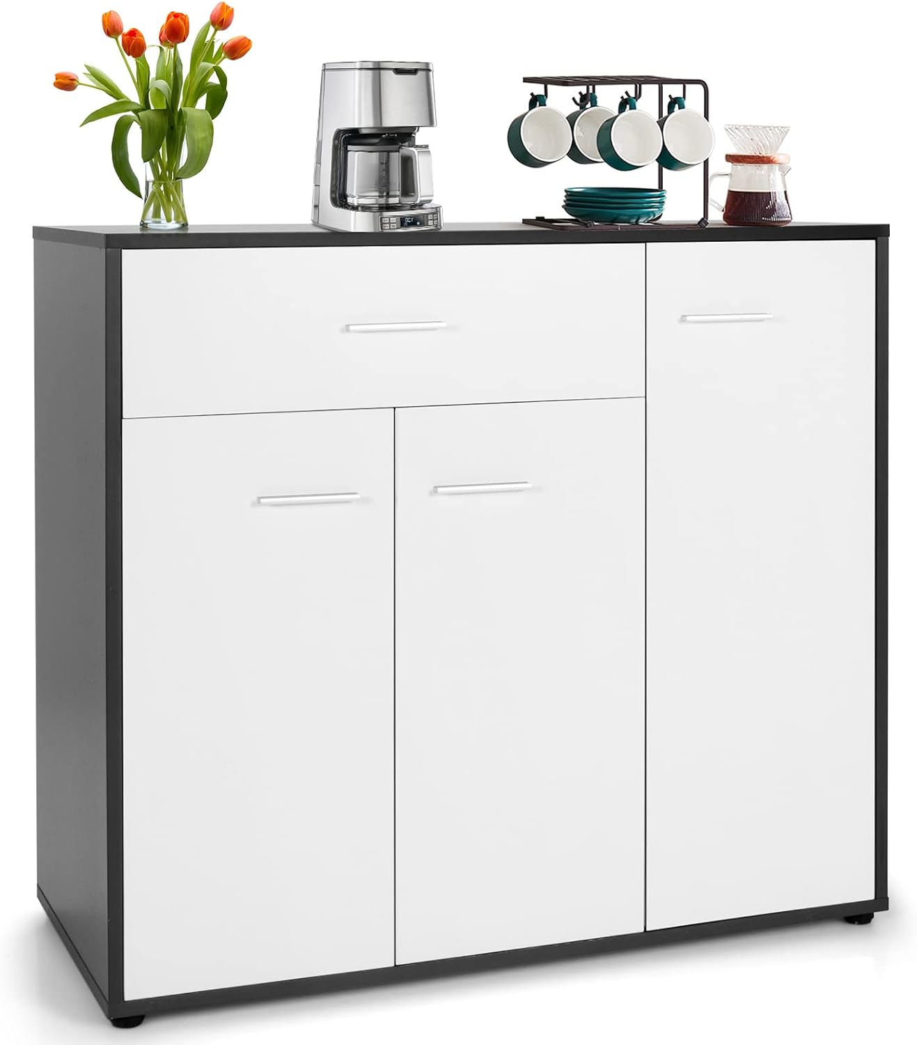 COSTWAY Buffet Sideboard Storage Cabinet, White Kitchen Sideboard with Spacious Table Top, 2 Door Cabinets, Large Drawer, Adjustable Shelf, Anti-Toppling Device, Console Cupboard for Home Living Room