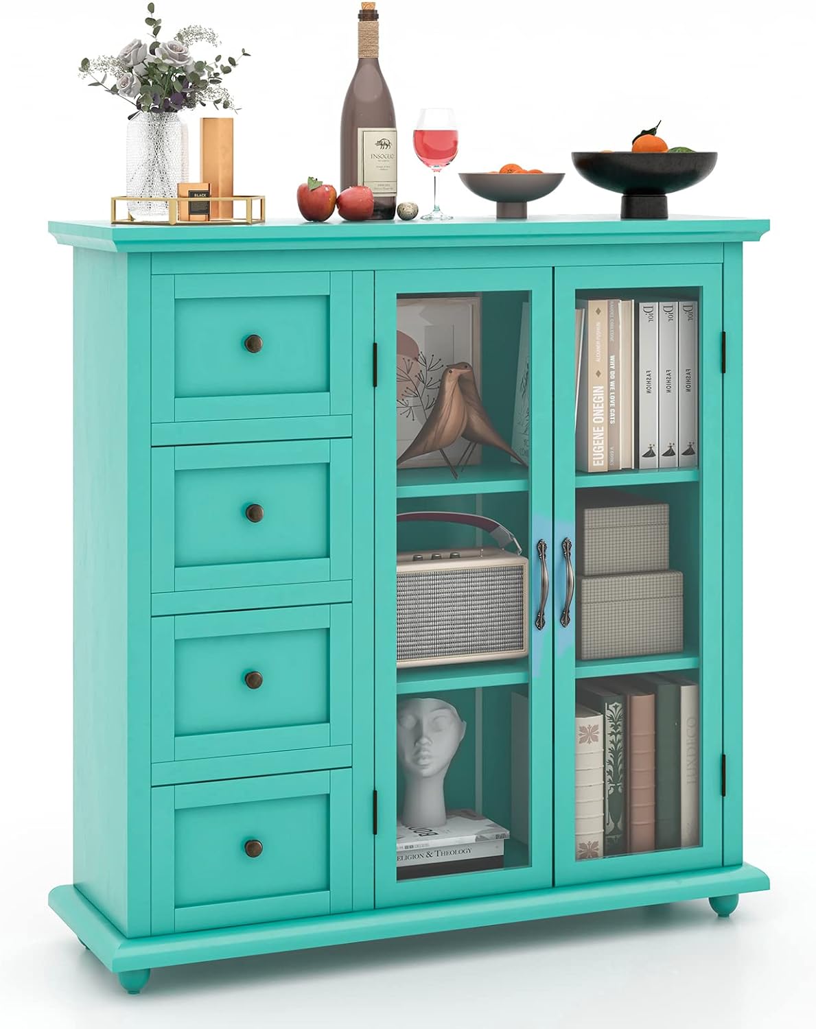 COSTWAY Sideboard Buffet Cabinet, Kitchen Storage Cabinet with 4-Drawers, 2 Tempered Glass Doors, Buffet Table, Accent Cabinet for Entryway, Dining Room, Kitchen, Home, Basement, Green