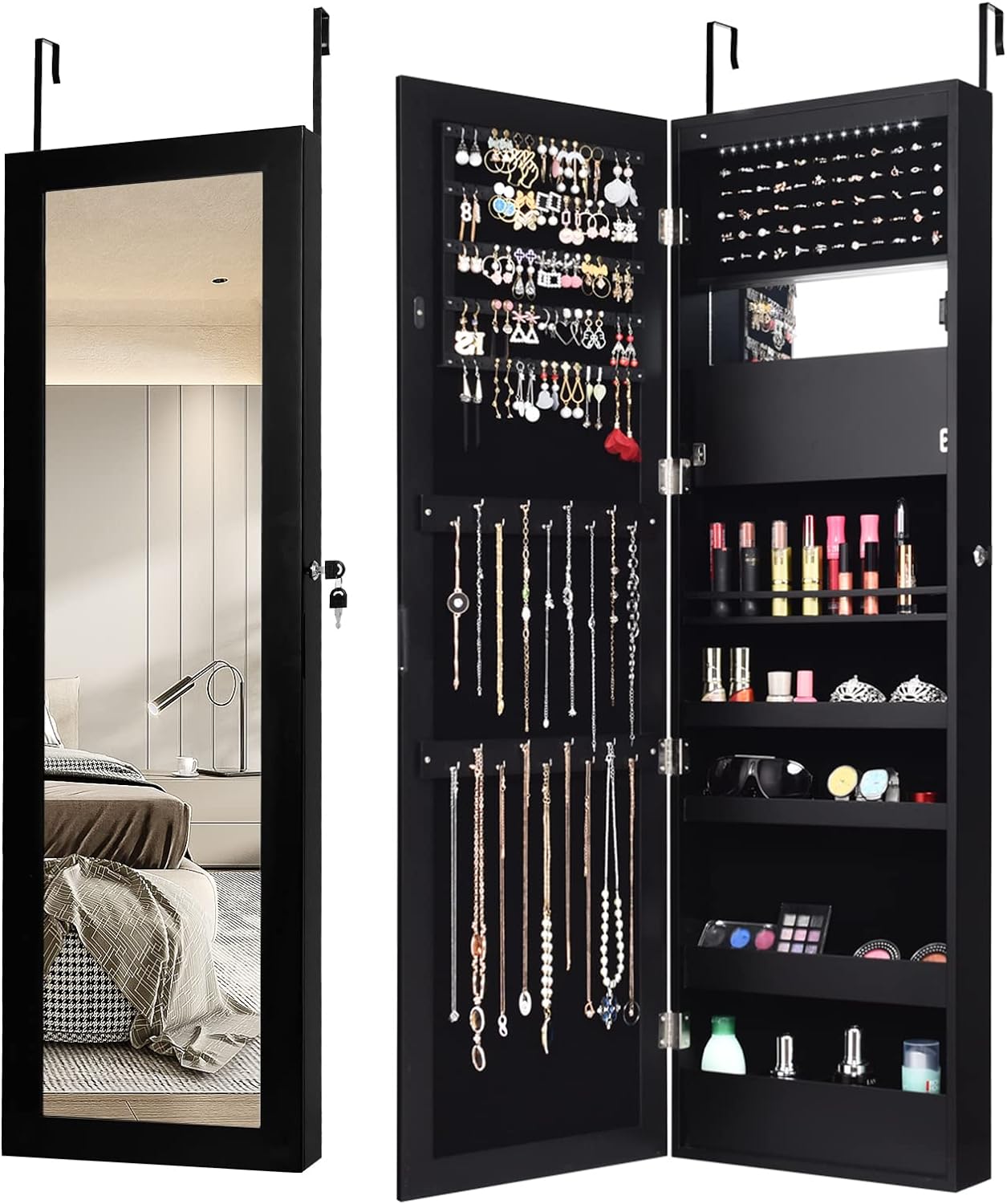 COSTWAY 12 LEDs Mirror Jewelry Cabinet, Wall/Door Mounted Jewelry Organizer Cabinet with 53.5 Full Length Mirror & Large Storage Capacity, Lockable Jewelry Armoire for Women Girls (Black)