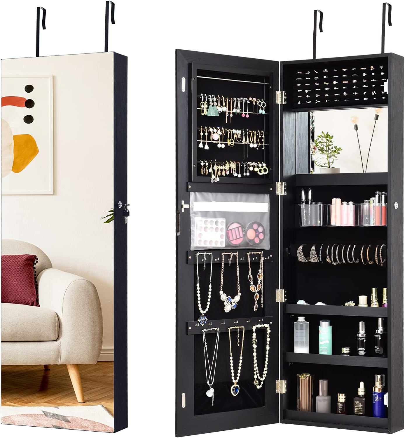 COSTWAY Mirror Jewelry Cabinet Armoire, Wall/Door Mounted Jewelry Organizer w/Full-Length Mirror & Inside Makeup Mirror, Lockable Jewelry Cabinet w/Large Storage Space for Bedroom (Black)