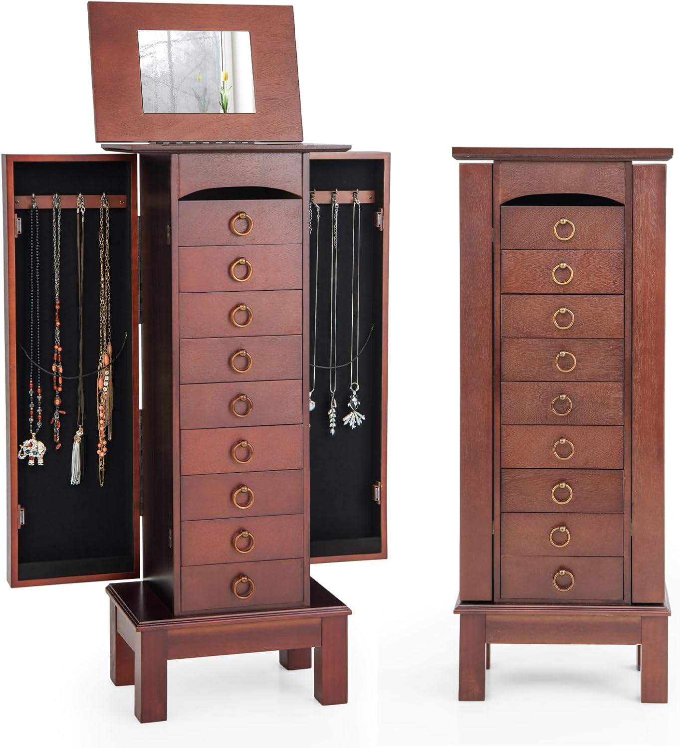 COSTWAY Standing Jewelry Cabinet, Wooden Jewelry Storage Chest with 9 Drawers, 2 Side Doors & Flip Top Mirror, Bedroom Jewelry Armoire with Top Divided Compartments