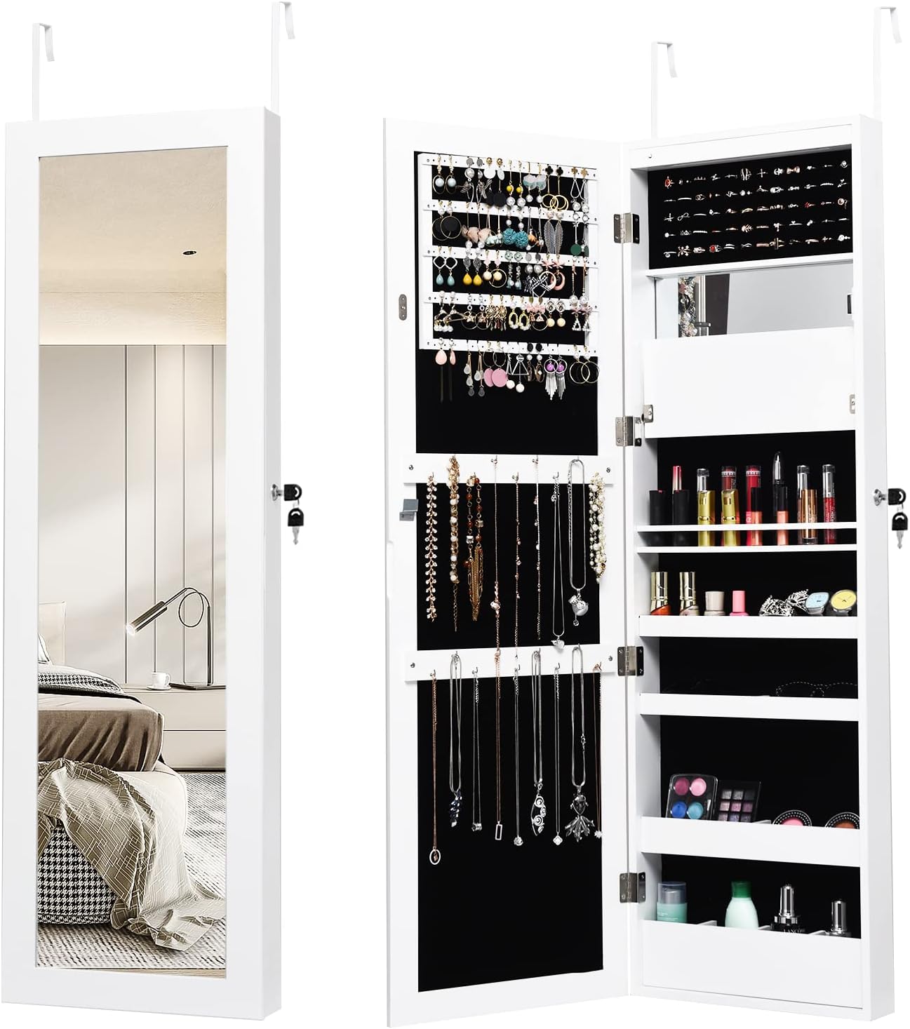 COSTWAY Mirror Jewelry Cabinet, Wall/Door Mounted Jewelry Organizer Cabinet with 12 LEDs, 53.5 Full Length Mirror & Large Storage Capacity, Lockable Jewelry Armoire for Women Girls (White)