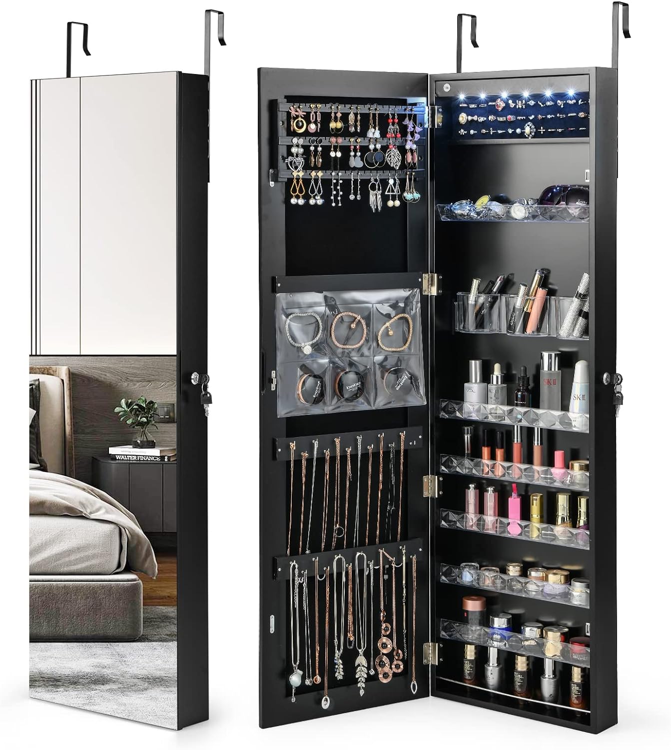 COSTWAY 6 LEDs Mirror Jewelry Cabinet, Wall Door Mounted Jewelry Storage Organizer with 47 Full-Length Mirror, Large Capacity Lockable Jewelry Armoire with Storage Shelves for Bedroom (Black)