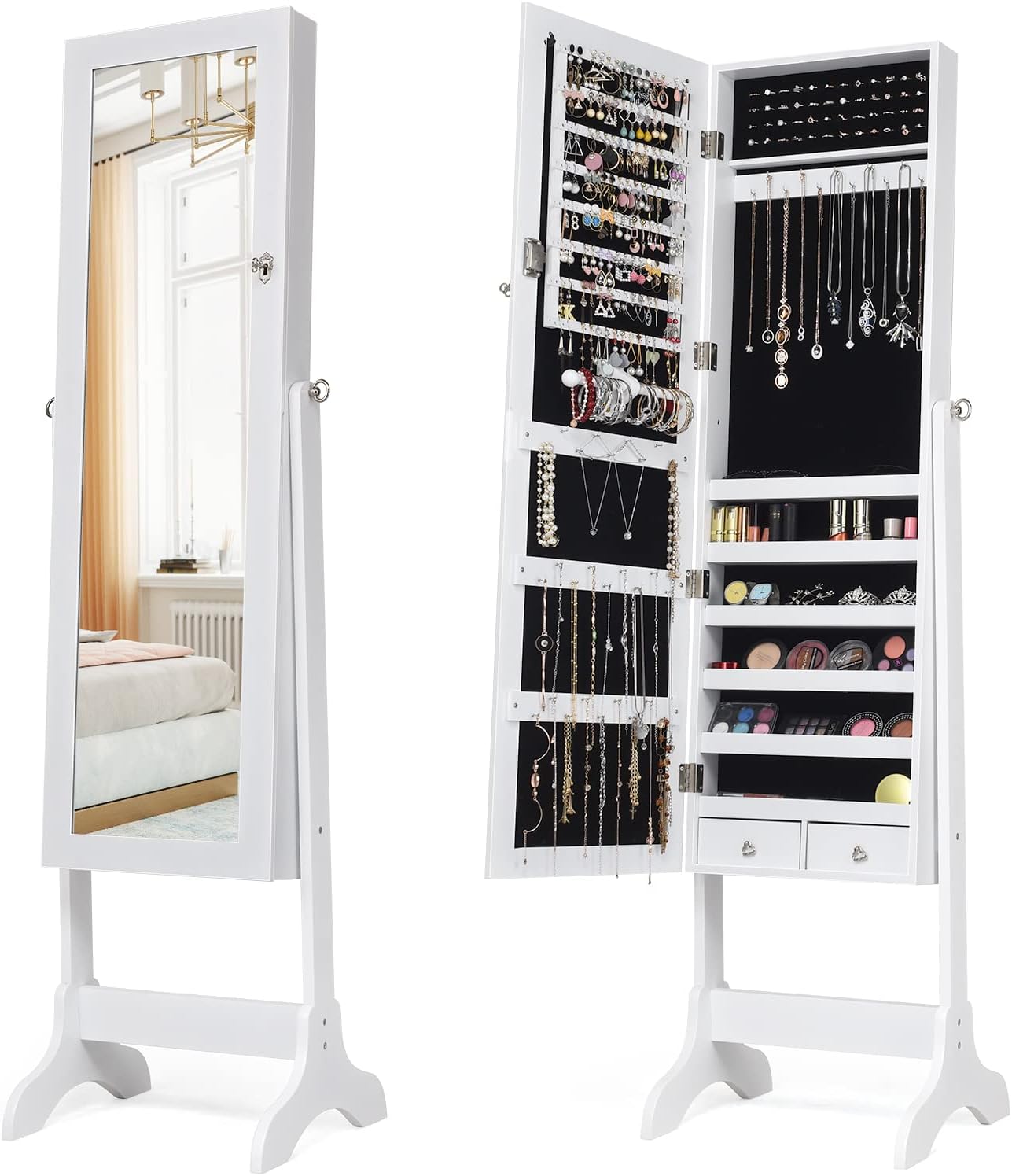 COSTWAY Standing Jewelry Armoire Cabinet, 4-Angle Tilting Jewelry Organizer with Full-length Mirror and Large Storage Capacity, Lockable Jewelry Cabinet for Bedroom, Dressing Room (White)