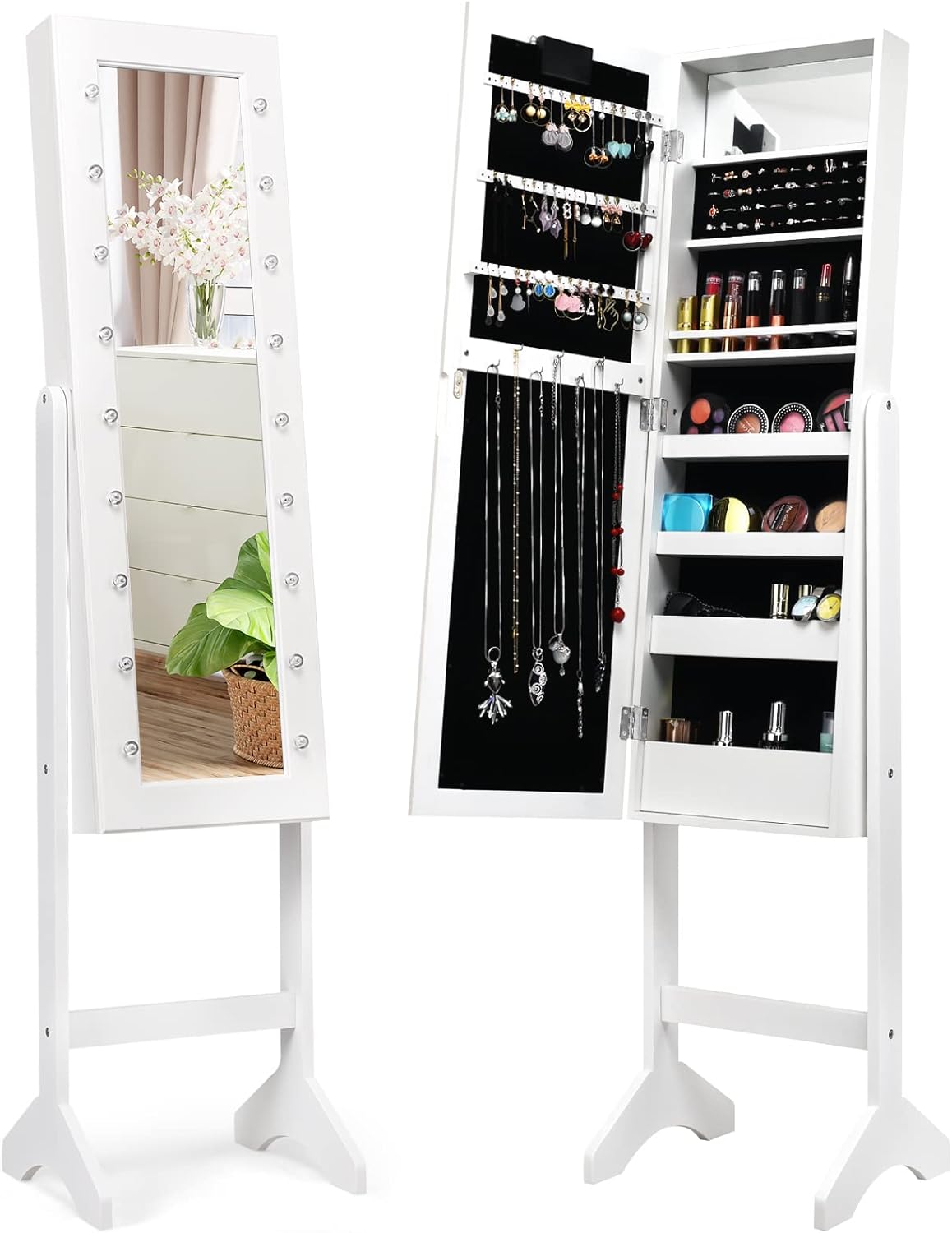 COSTWAY Jewelry Armoire with 18 LED Lights, Standing Jewelry Organizer with Full-length Mirror & Built-In Mirror, Large Storage Capacity Jewelry Cabinet for Bedroom, Dressing Room (White)